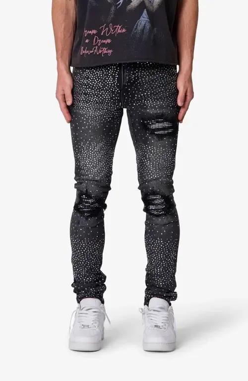 Rhinestone Distressed Skinny Jeans by mnml
