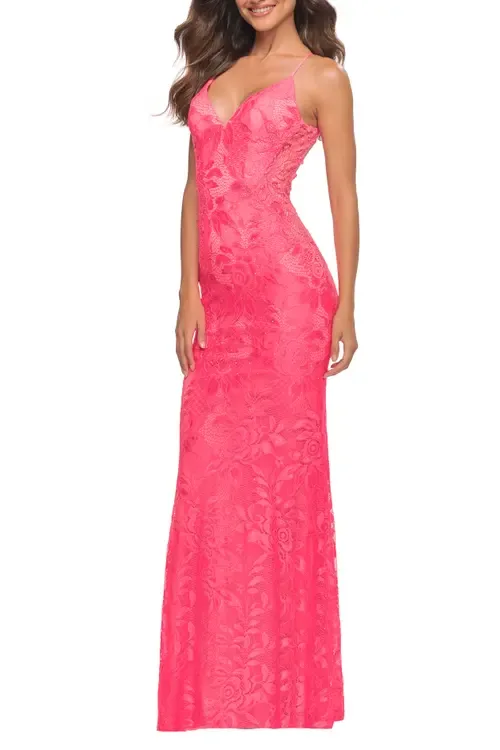 Lace Prom Dress with Illusion Embellished Sides in Neon Colors by La Femme