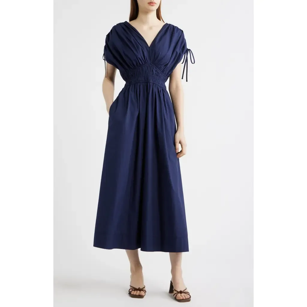 Cotton Poplin Ruched Tie Shoulder Dress