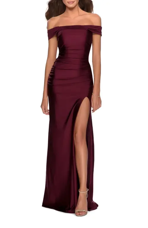 Off the Shoulder Dress with Tie Back and Slit by La Femme