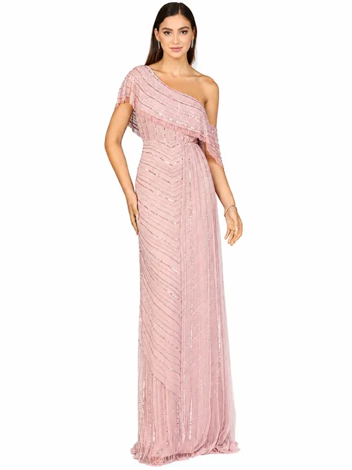Off Shoulder Sheath Beaded Gown by LARA New York