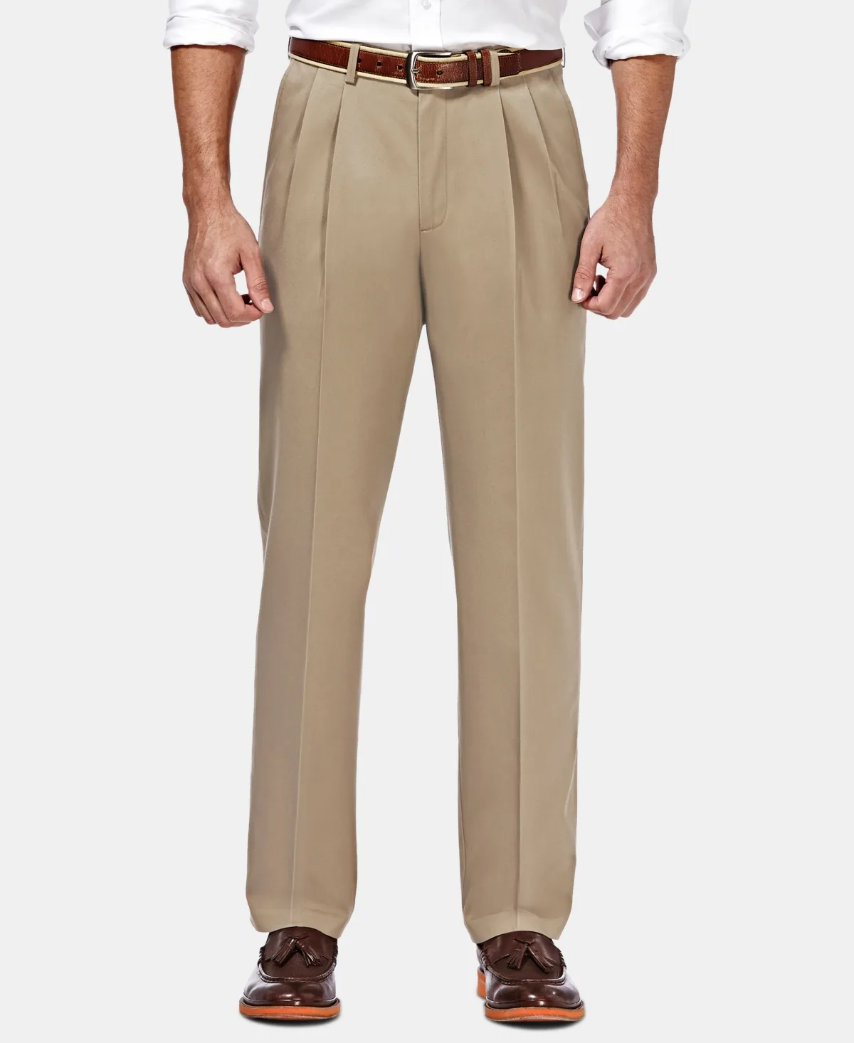 Premium No Iron Khaki Classic Fit Pleat Hidden Expandable Waist Pants by Haggar