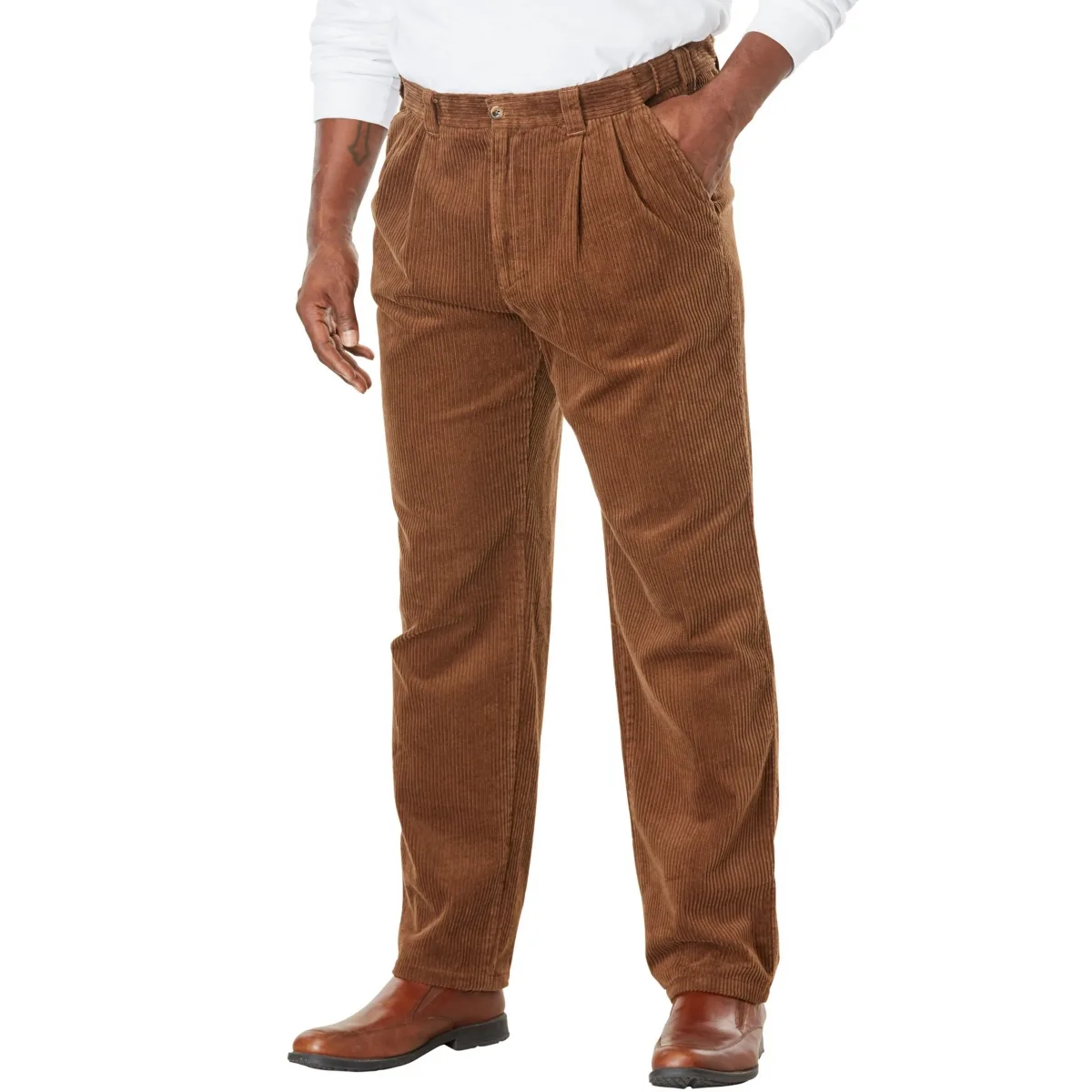 Expandable Waist Corduroy Pleat-Front Pants by Kingsize