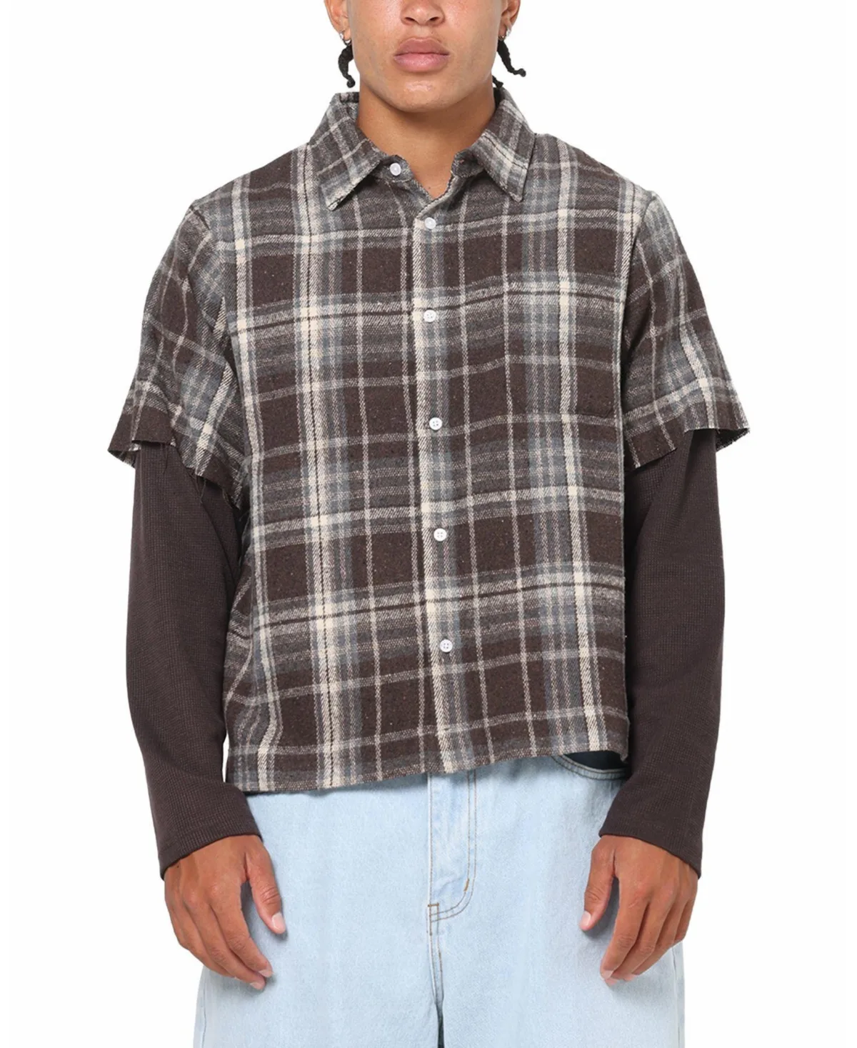 Plaid Layered Long Sleeve Button Up Shirt by Saint Morta