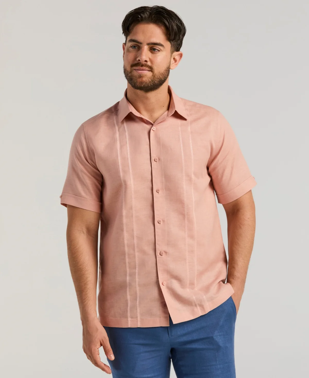 Short Sleeve Panel Button-Front Linen Camp Shirt by Cubavera