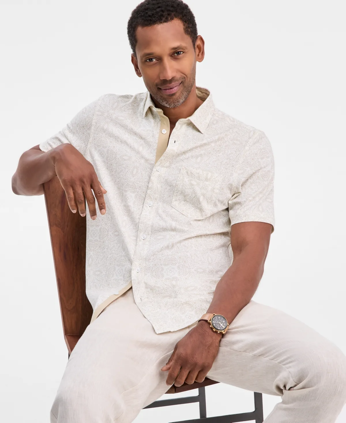 Pima Cotton Medal Print Short-Sleeve Button-Up Knit Shirt by Club Room