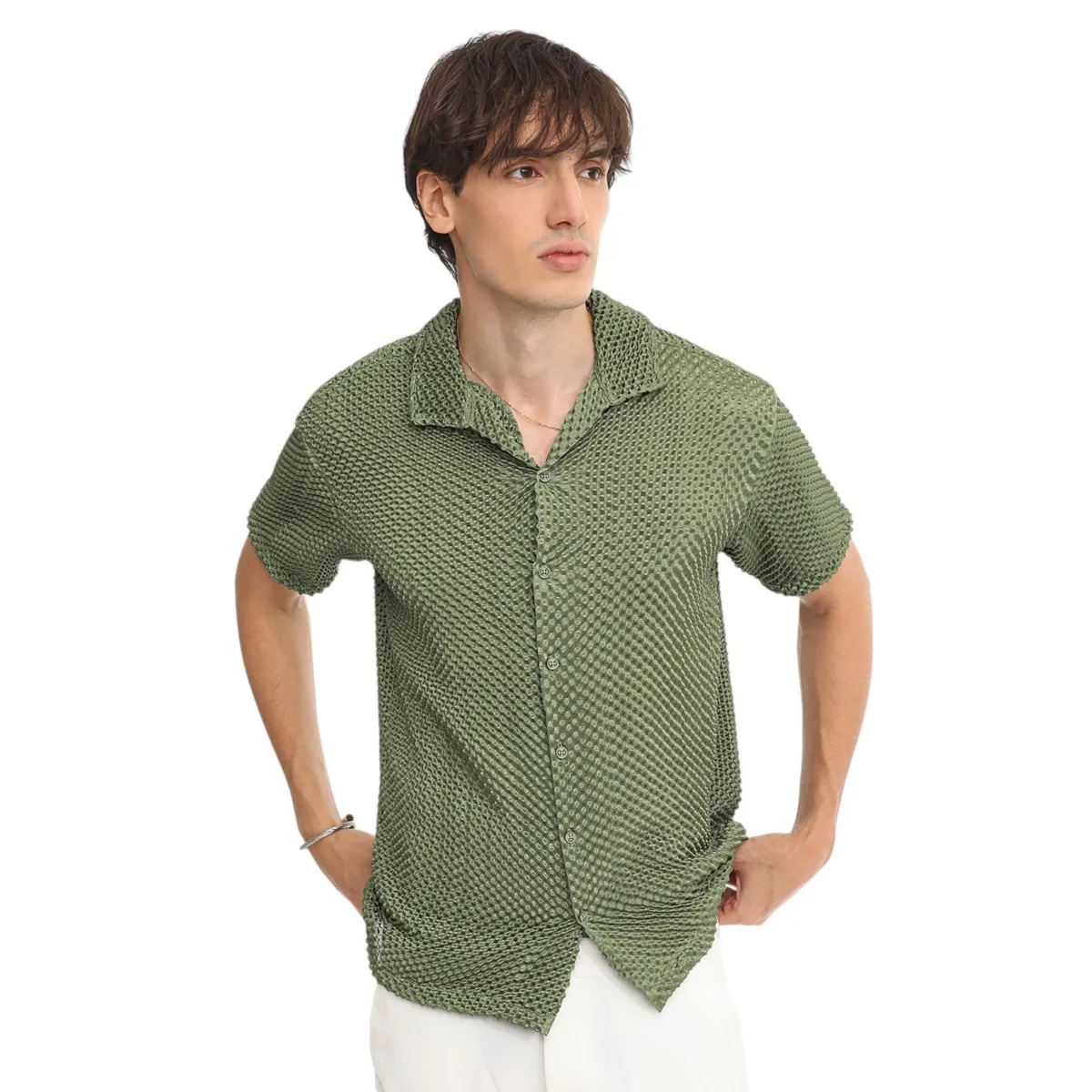 Olive Green Puffy-Textured Shirt by Campus Sutra