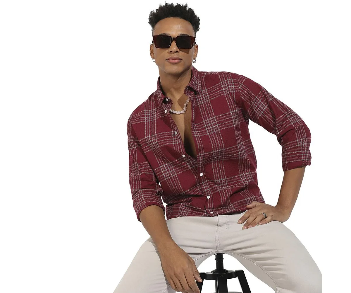 Maroon Red Chalk Tartan Plaid Shirt by Campus Sutra