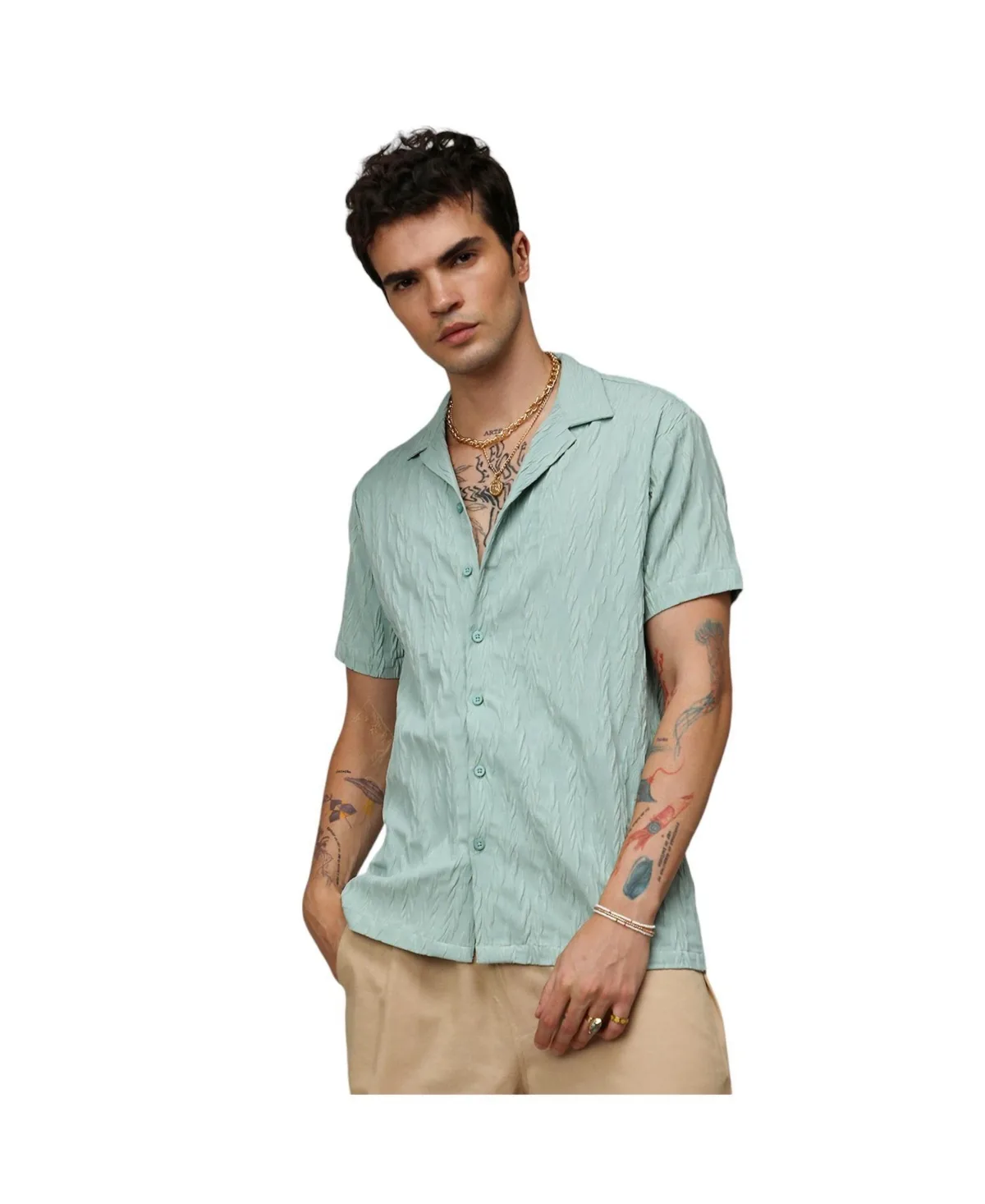 Sage Green Grain-Textured Shirt by Campus Sutra