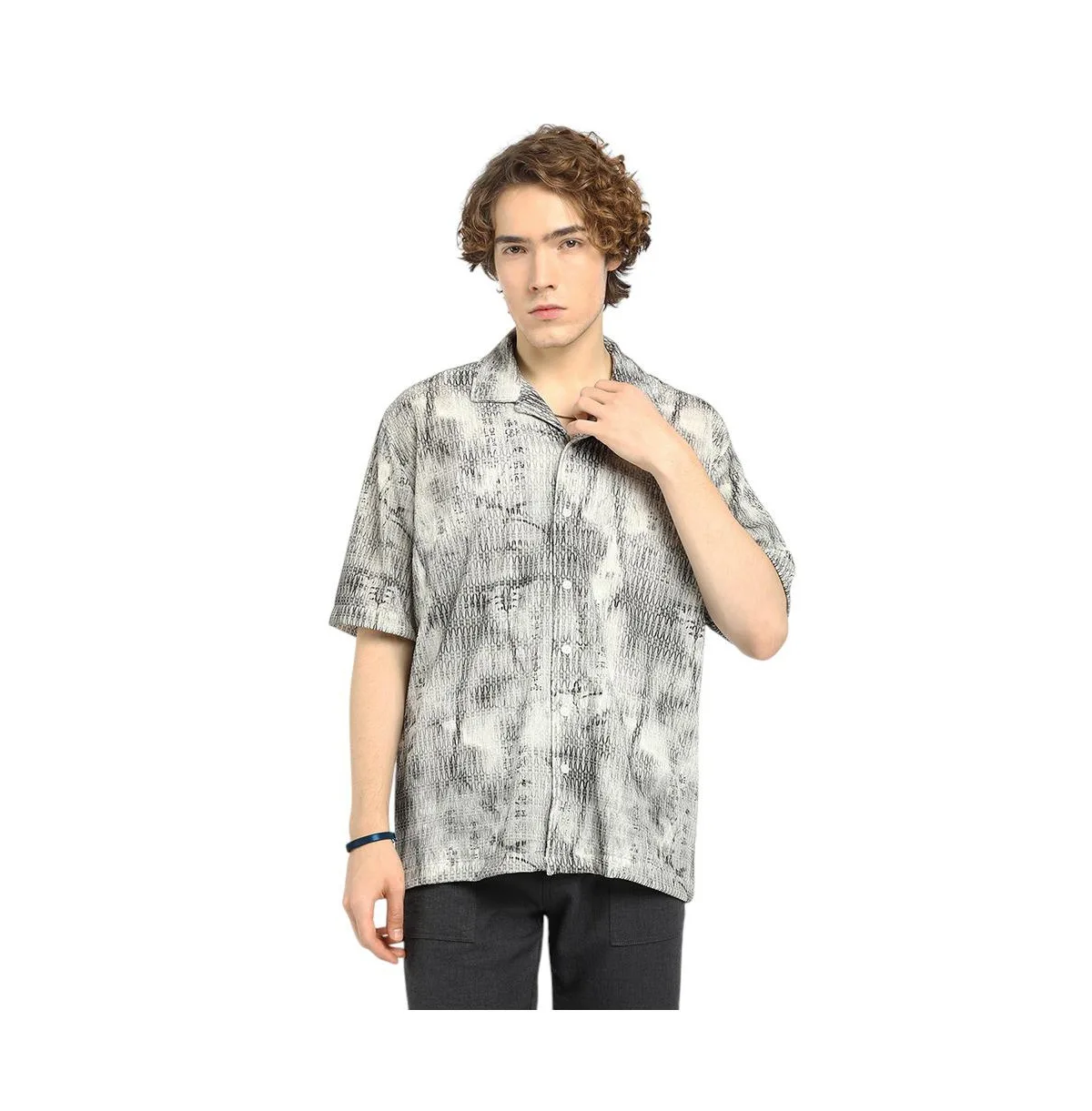 Charcoal Black & Ivory White Faded Woven Oversized Shirt by Campus Sutra