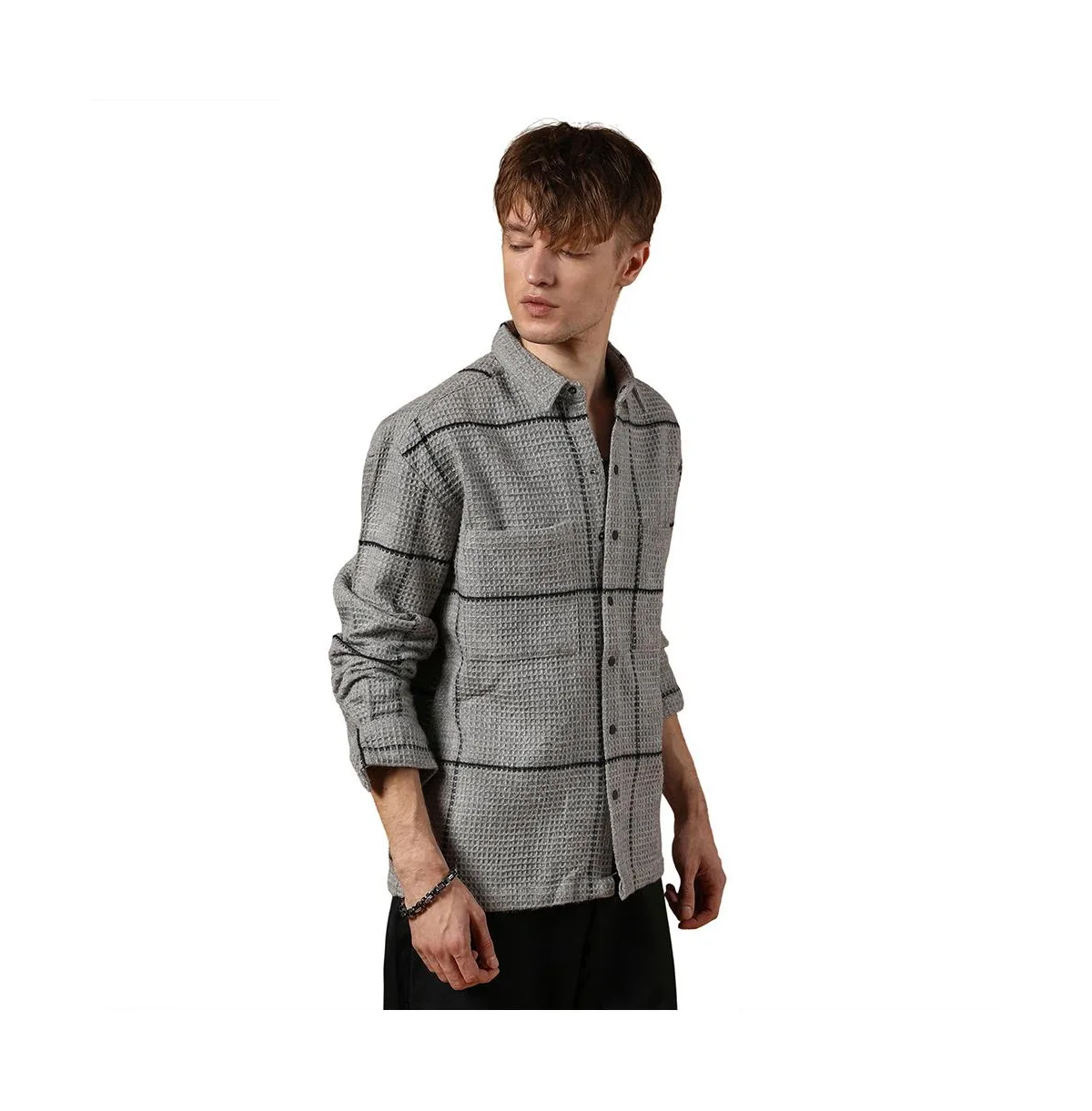 Moon Grey Graph-Check Waffle Overshirt by Campus Sutra