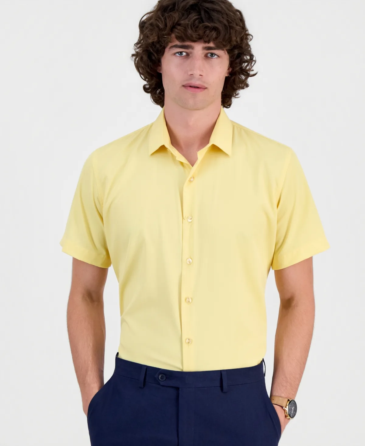 Slim-Fit Four-Way Stretch Solid Short-Sleeve Dress Shirt by Suslo Couture