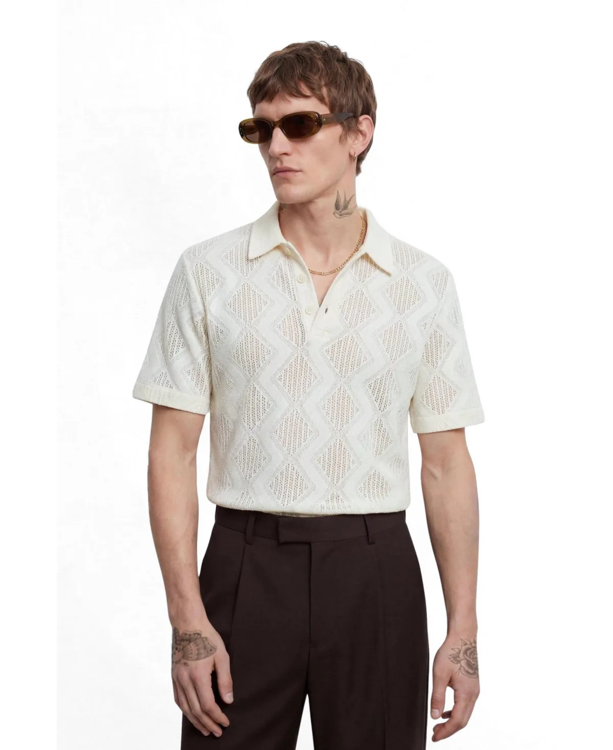 Otis Diamond Cotton Crochet Polo Shirt by Twisted Tailor