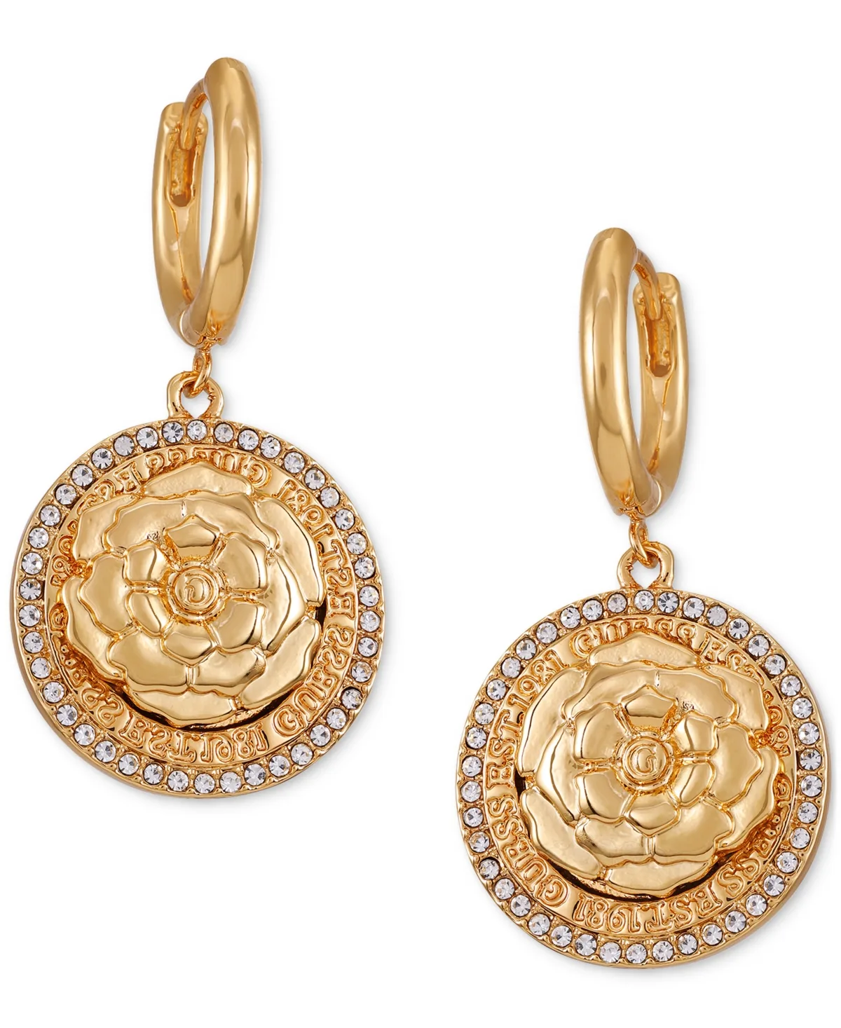 Gold-Tone Pave-Edged Flower Charm Hoop Earrings by Guess