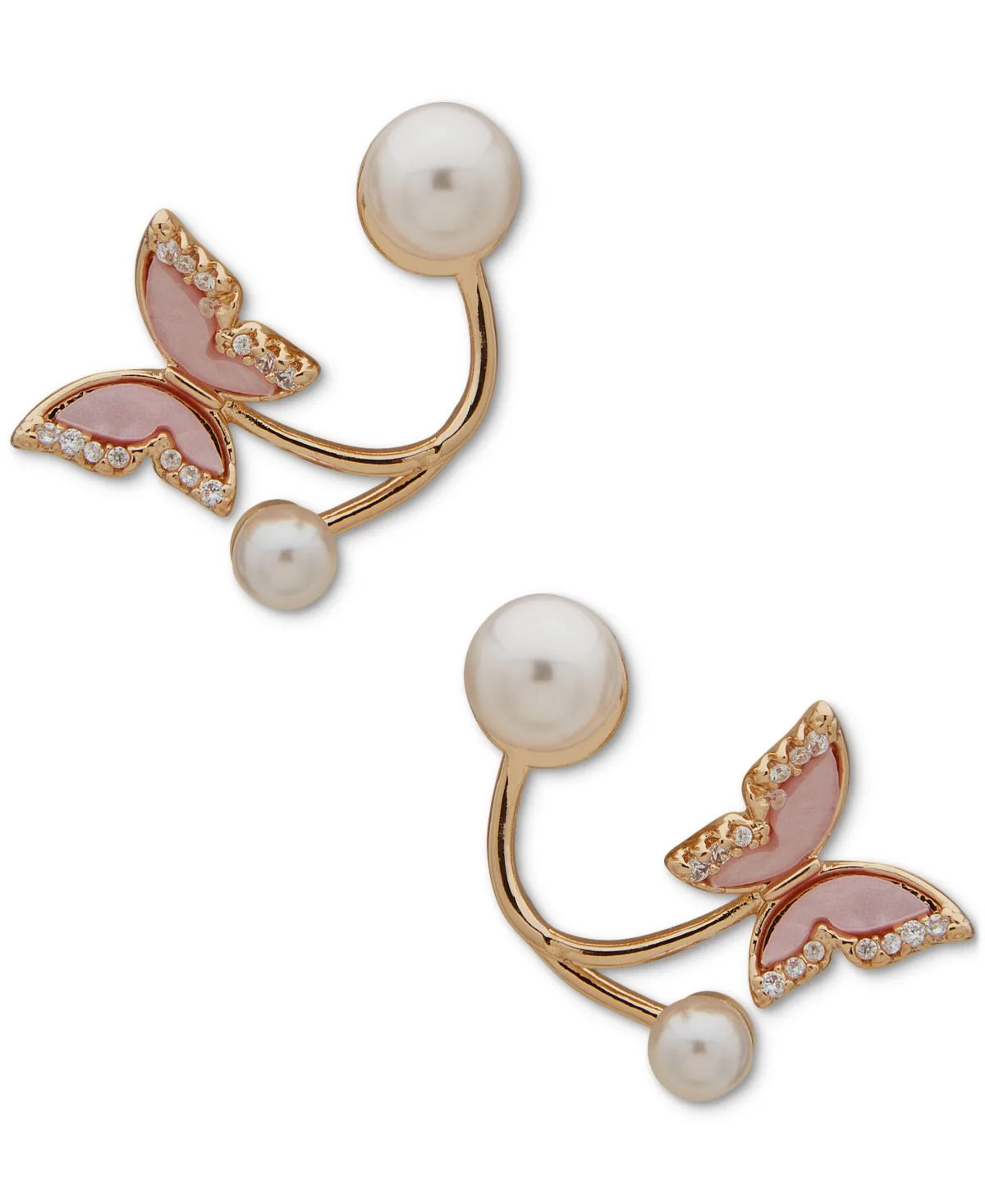 Gold-Tone Pave Pink Butterfly & Imitation Pearl Drop Earrings