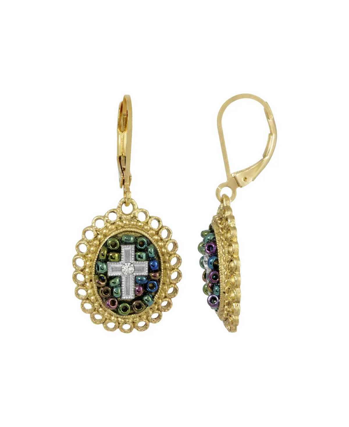 14K Gold Dipped Carded Multi Color Beaded Crystal Cross Euro Wire Earring by Symbols Of Faith
