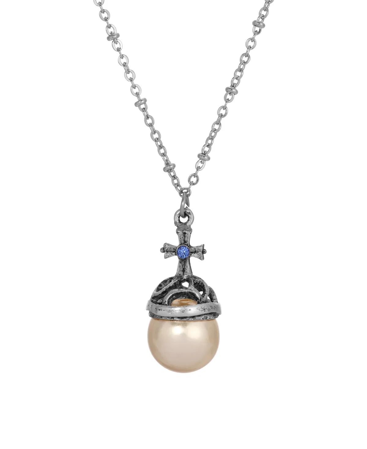 Silver-Tone Imitation Pearl Stone Blue Crystal Cross 16" Necklace by Symbols Of Faith