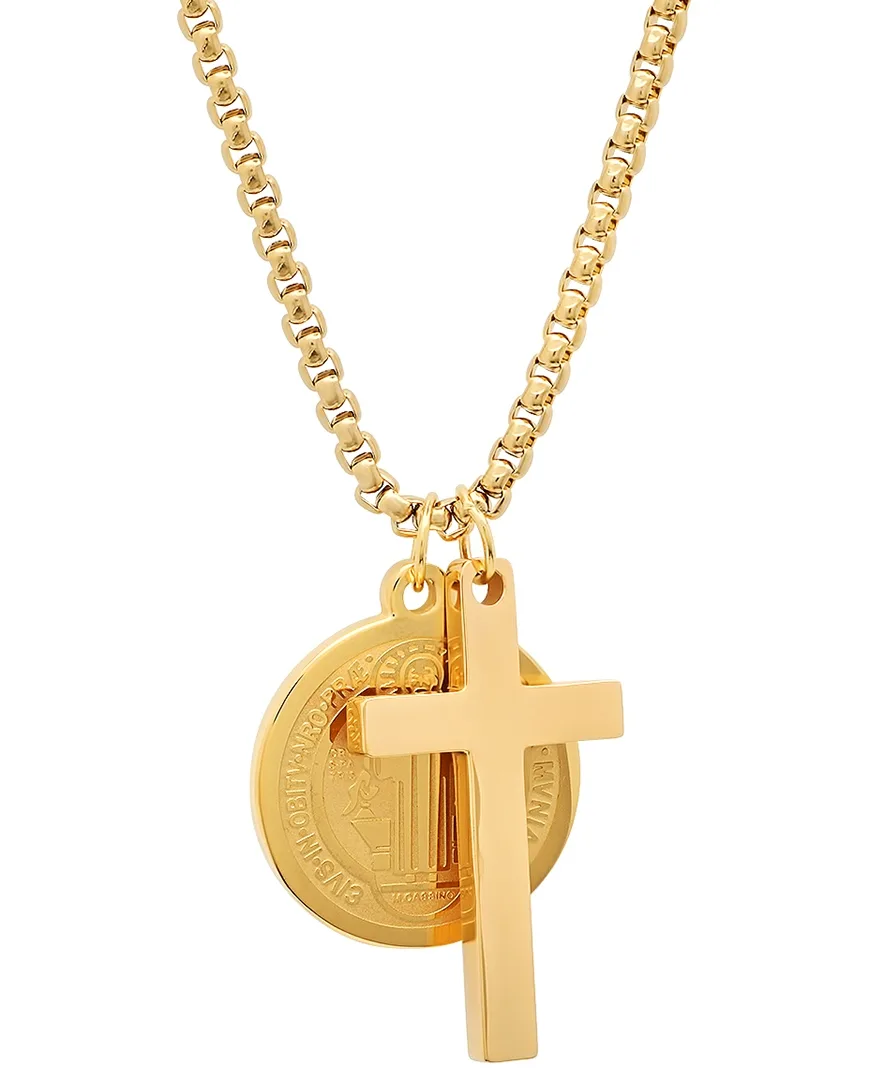Stainless Steel Cross and St. Benedict Religious 24" Pendant Necklace by Steeltime