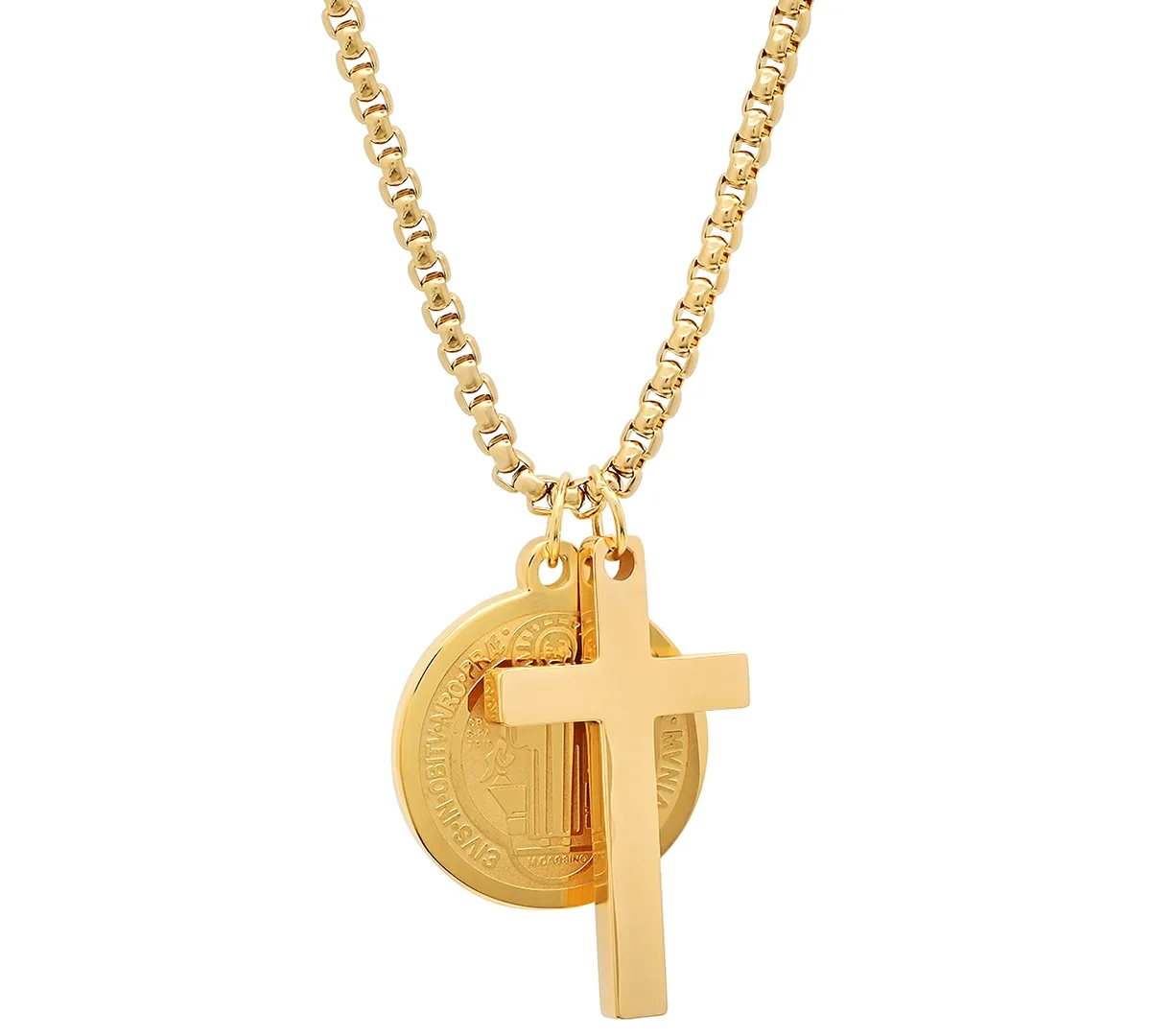 Stainless Steel Cross and St. Benedict Religious 24" Pendant Necklace