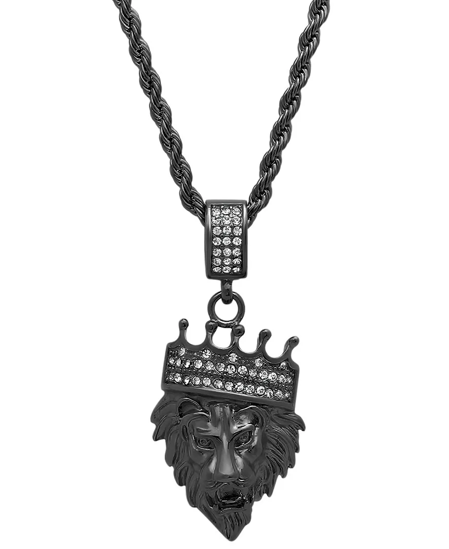 Stainless Steel Simulated Diamond Crowned Lion's Head 30" Pendant Necklace by Steeltime
