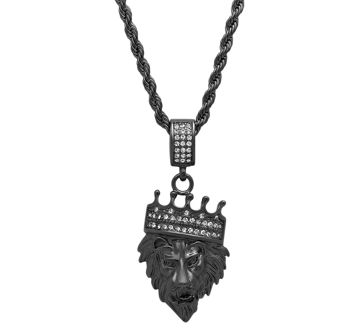 Stainless Steel Simulated Diamond Crowned Lion's Head 30" Pendant Necklace