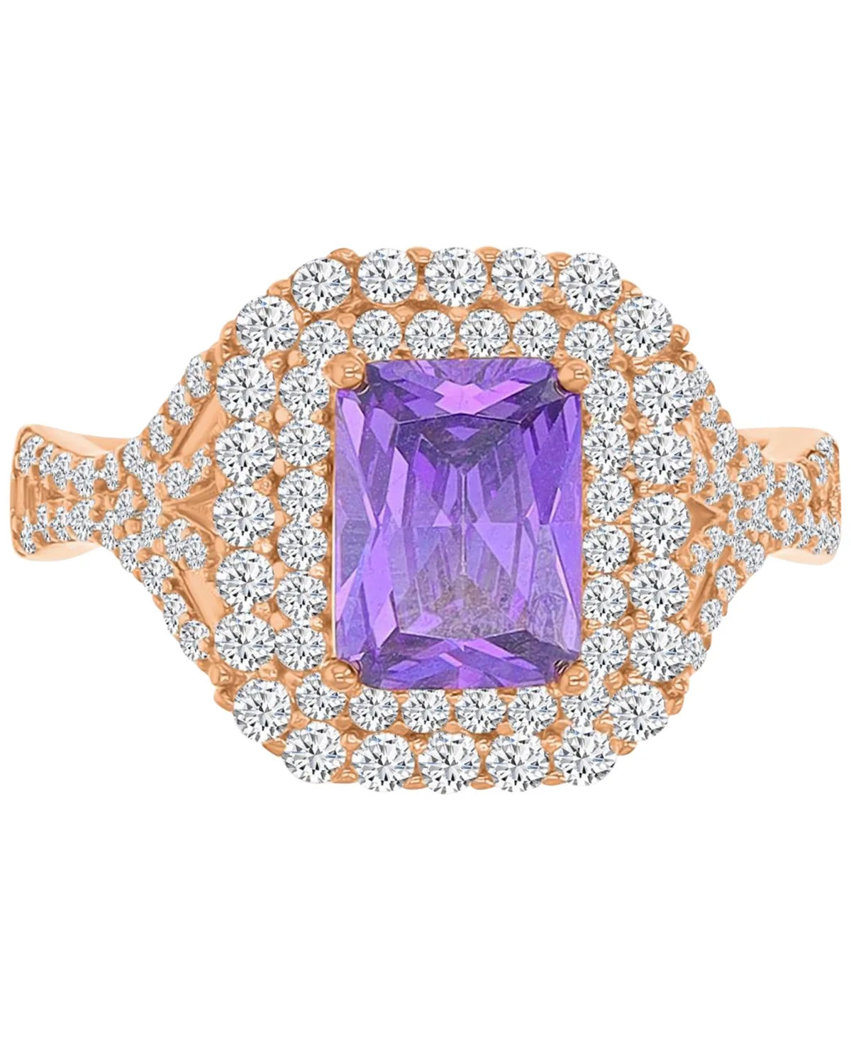 Purple & White Cubic Zirconia Double Halo Statement Ring in 14k Rose Gold-Plated Sterling Silver