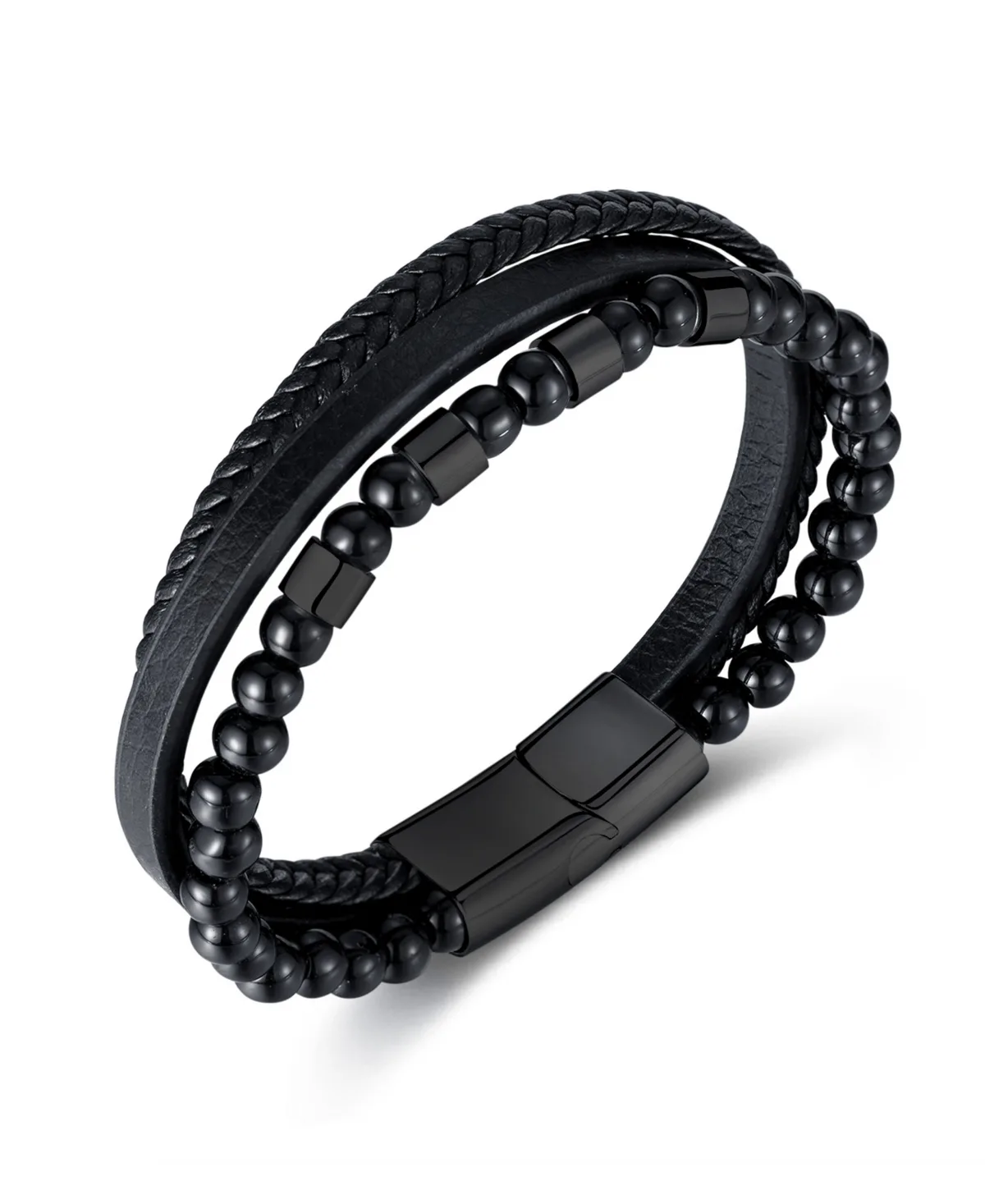 Leather Black Beaded Stainless Steel Bracelet by Rhona Sutton