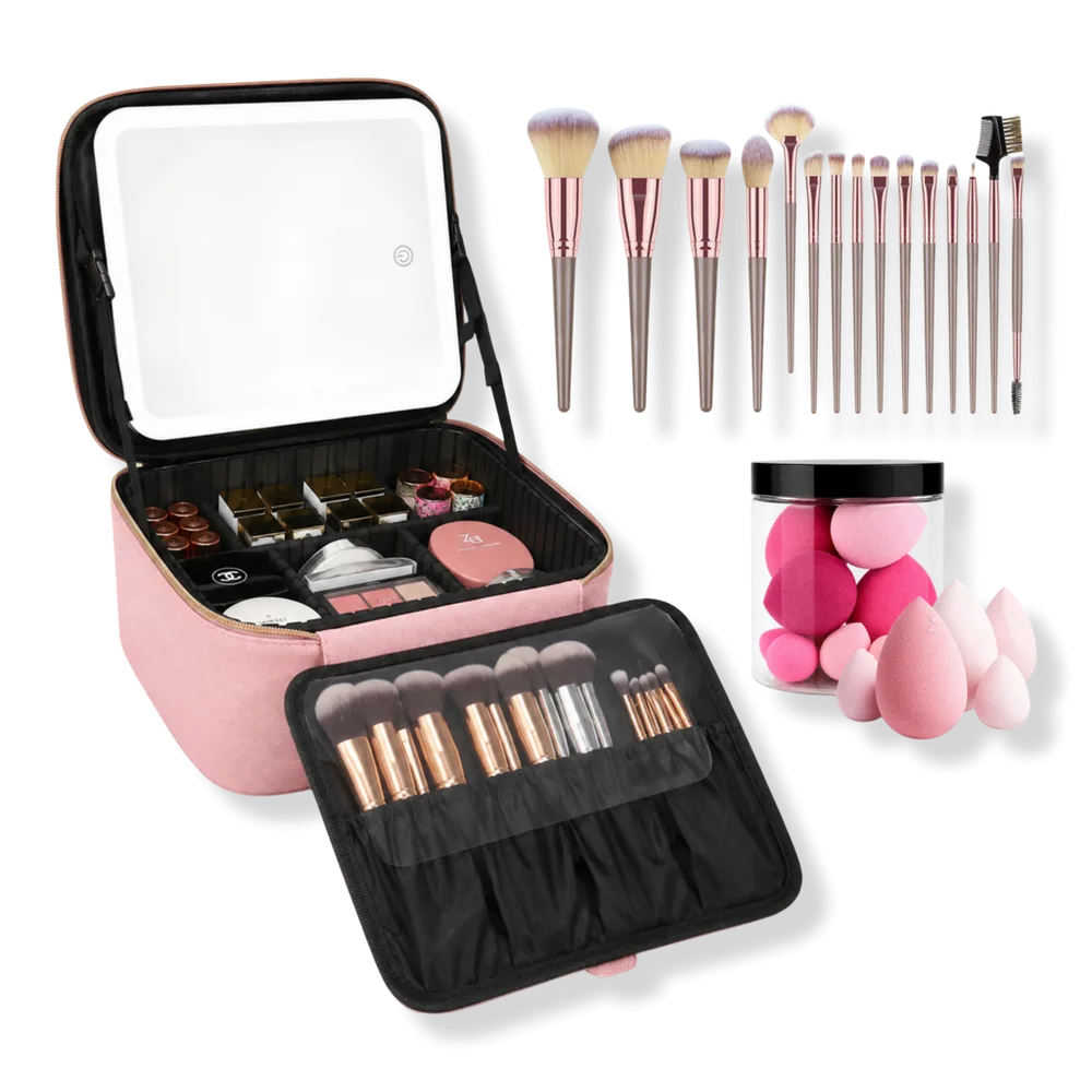 Makeup Case with Brush & Beauty Sponge Set by CosmoGlo