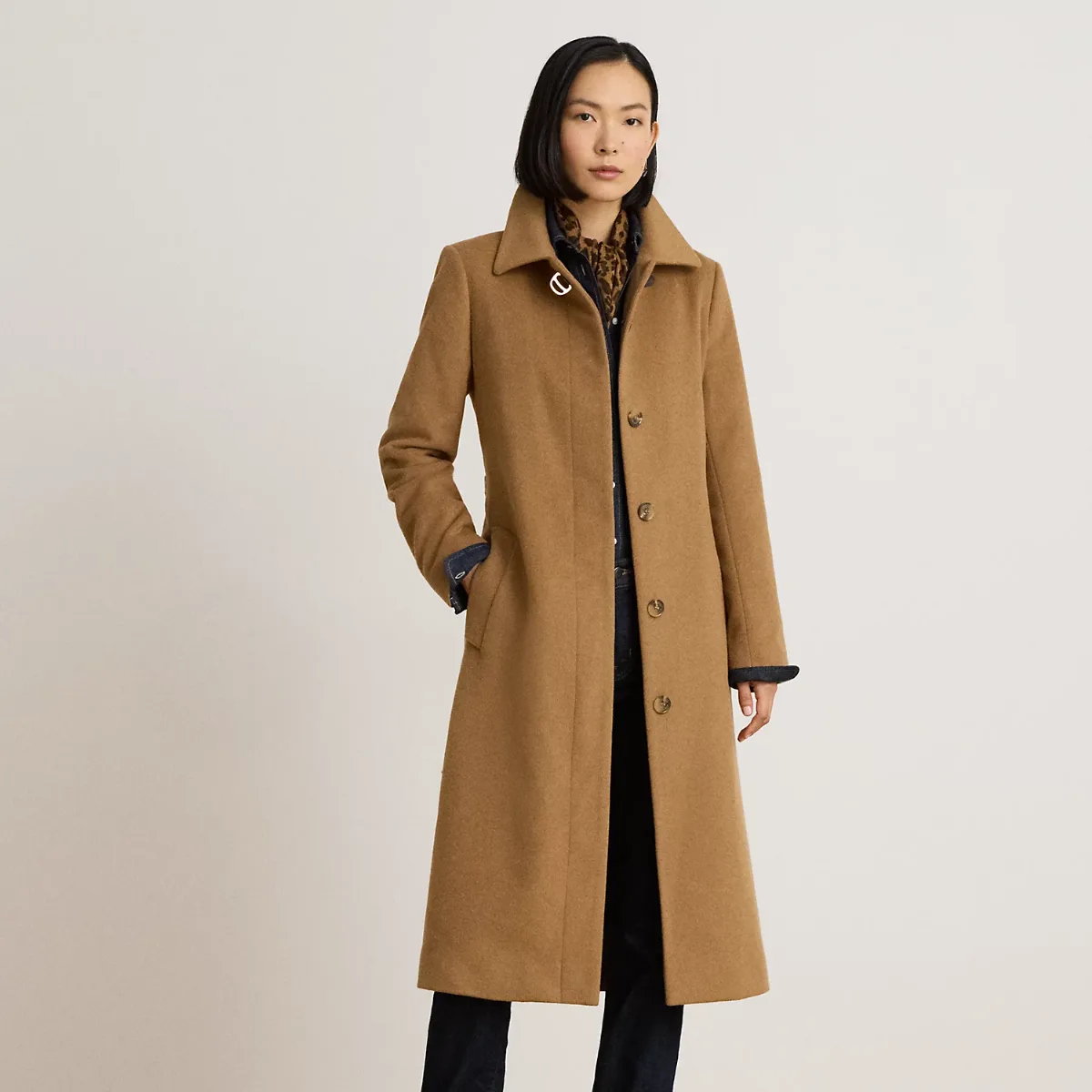 Buckle-Trim Belted Wool-Blend Coat