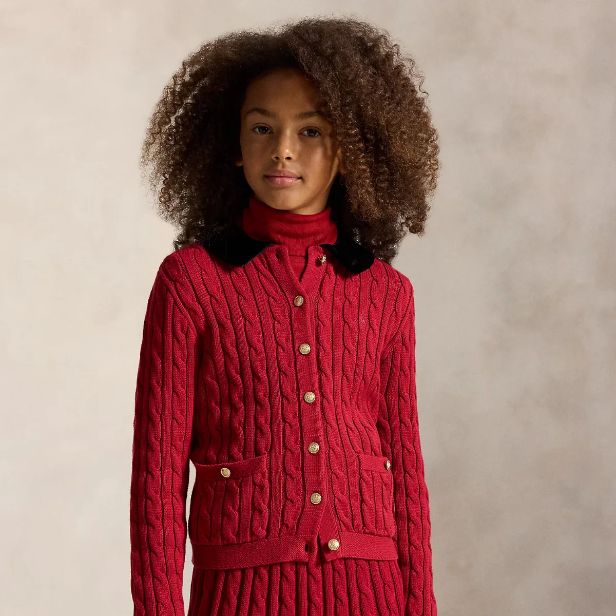 Velvet-Trim Cable Cotton Cardigan by Ralph Lauren