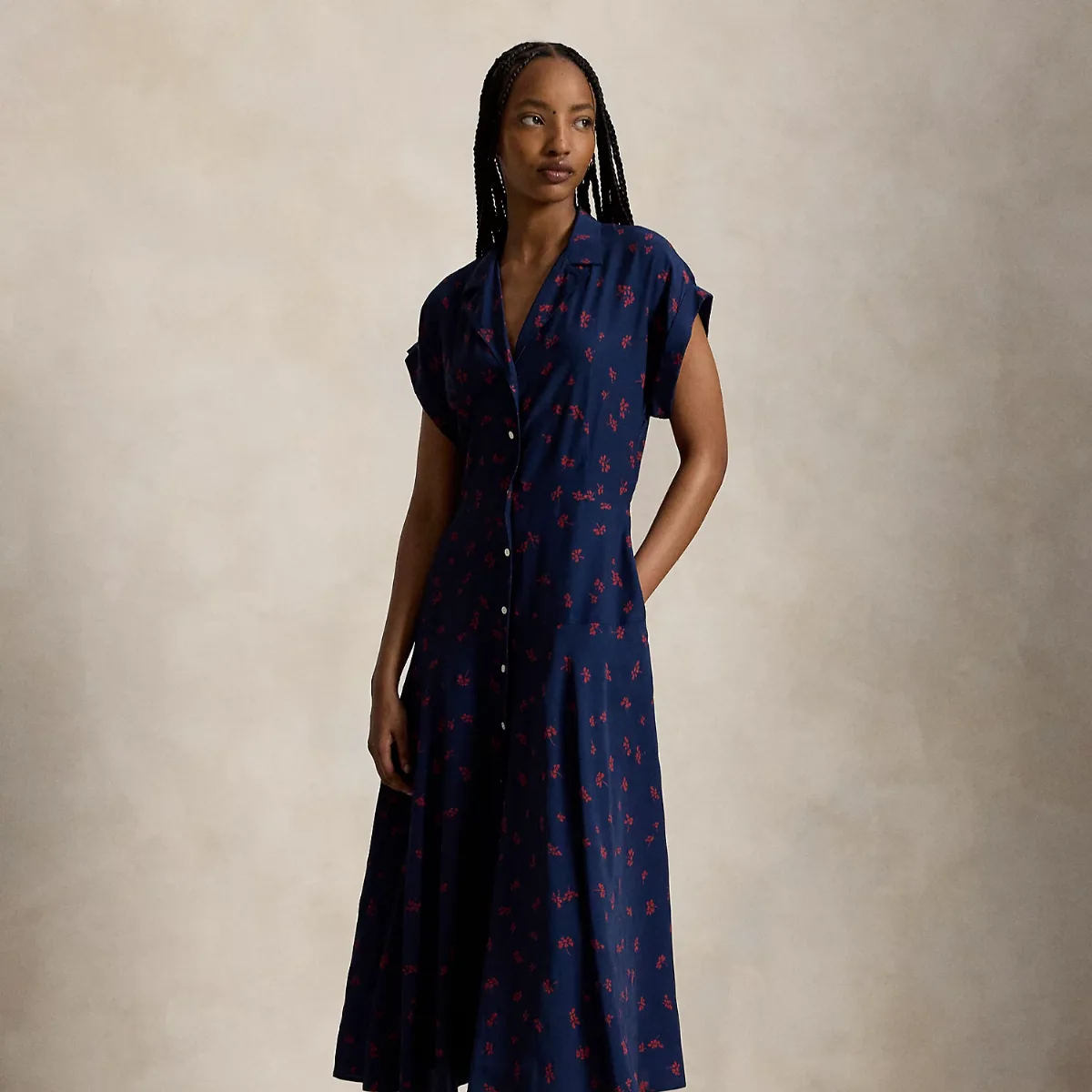 Floral Crepe Cap-Sleeve Shirt Dress by Polo Ralph Lauren