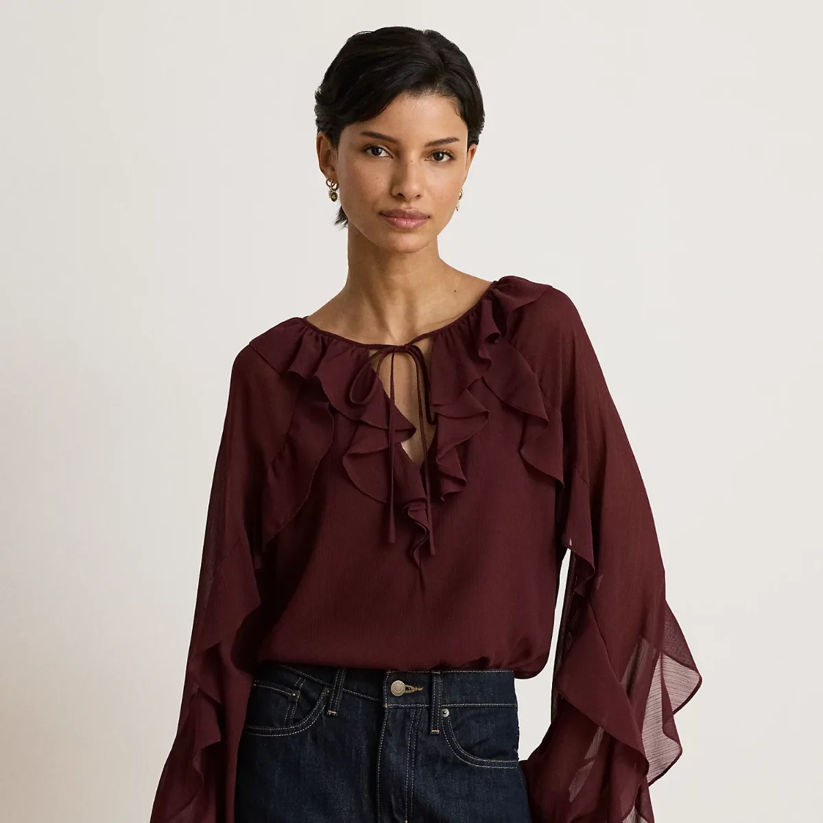 Ruffle-Trim Crinkle Georgette Blouse by Lauren Ralph Lauren