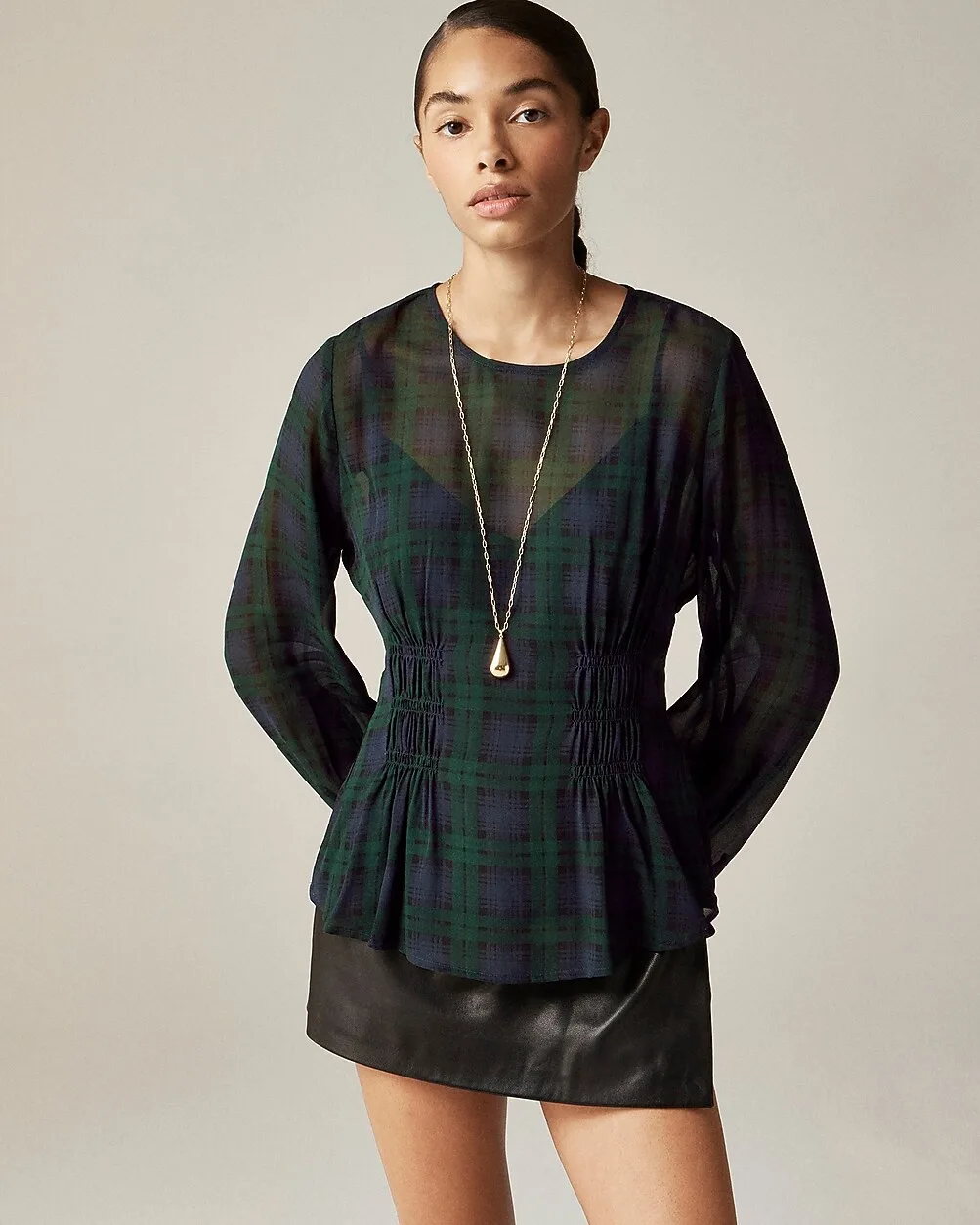 Chiffon Shirred-Waist Top in Black Watch Tartan by J.Crew