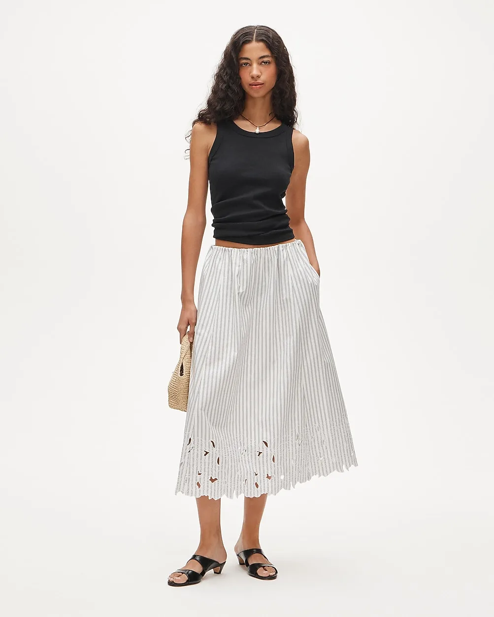 Embroidered Pull-On Midi Skirt in Striped Cotton Poplin