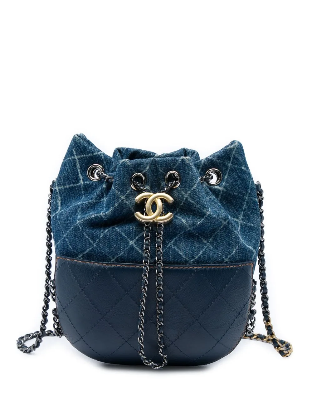 2018 Small Printed Denim and Quilted Calfskin Gabrielle Bucket Bag by CHANEL Pre-Owned