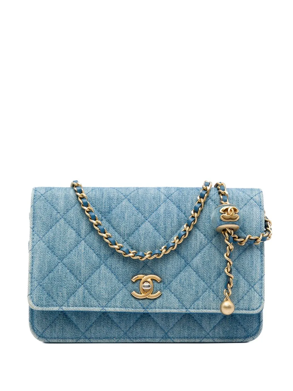 2021-2026 CC Quilted Denim Pearl Crush Wallet on Chain Crossbody Bag by CHANEL Pre-Owned