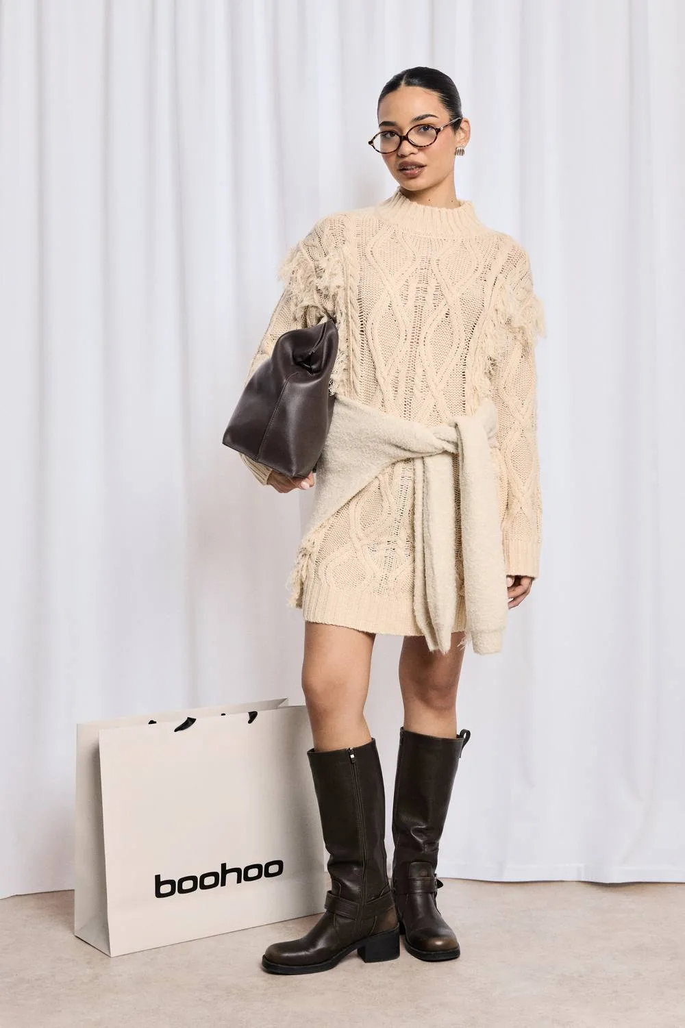 Tassel Knitted Cable Mini Jumper Dress - Stone by boohoo