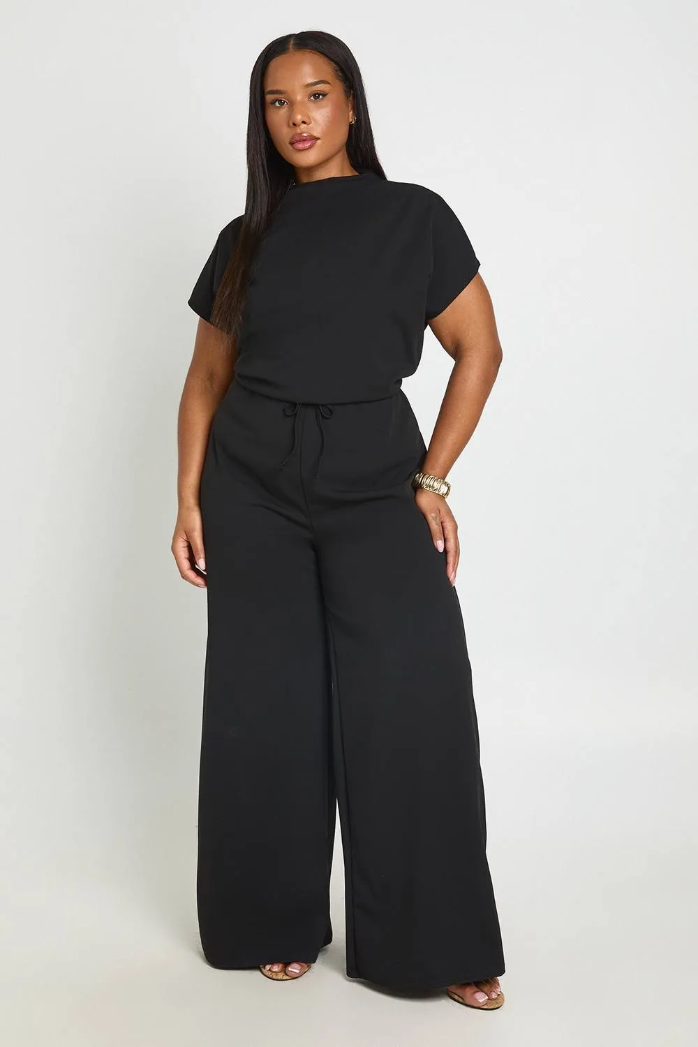 Crepe Grown on Neck Drawstring Waistband Wide Leg Jumpsuit