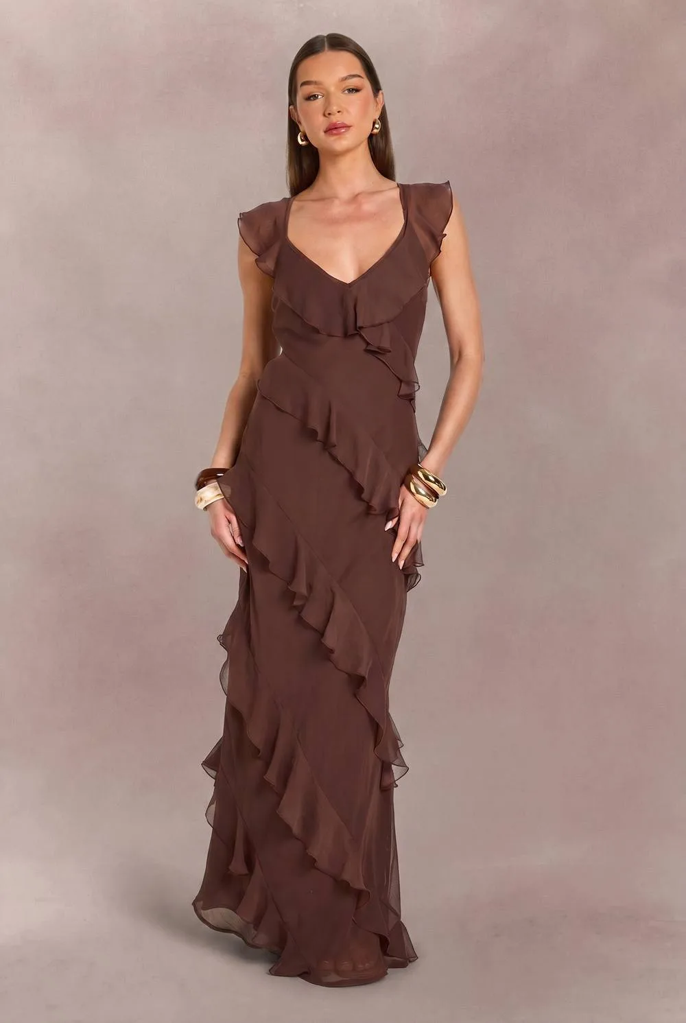 Tonal Chiffon Ruffle Detail Backless Maxi Dress by boohoo