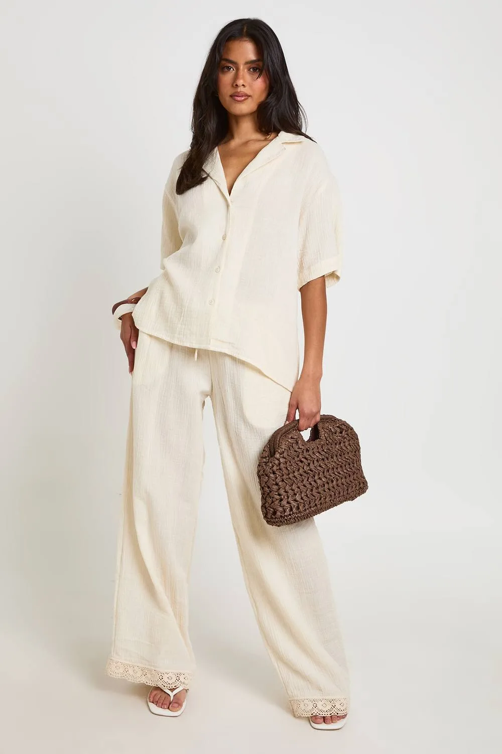 Cheesecloth Crochet Trim Wide Leg Trousers by boohoo