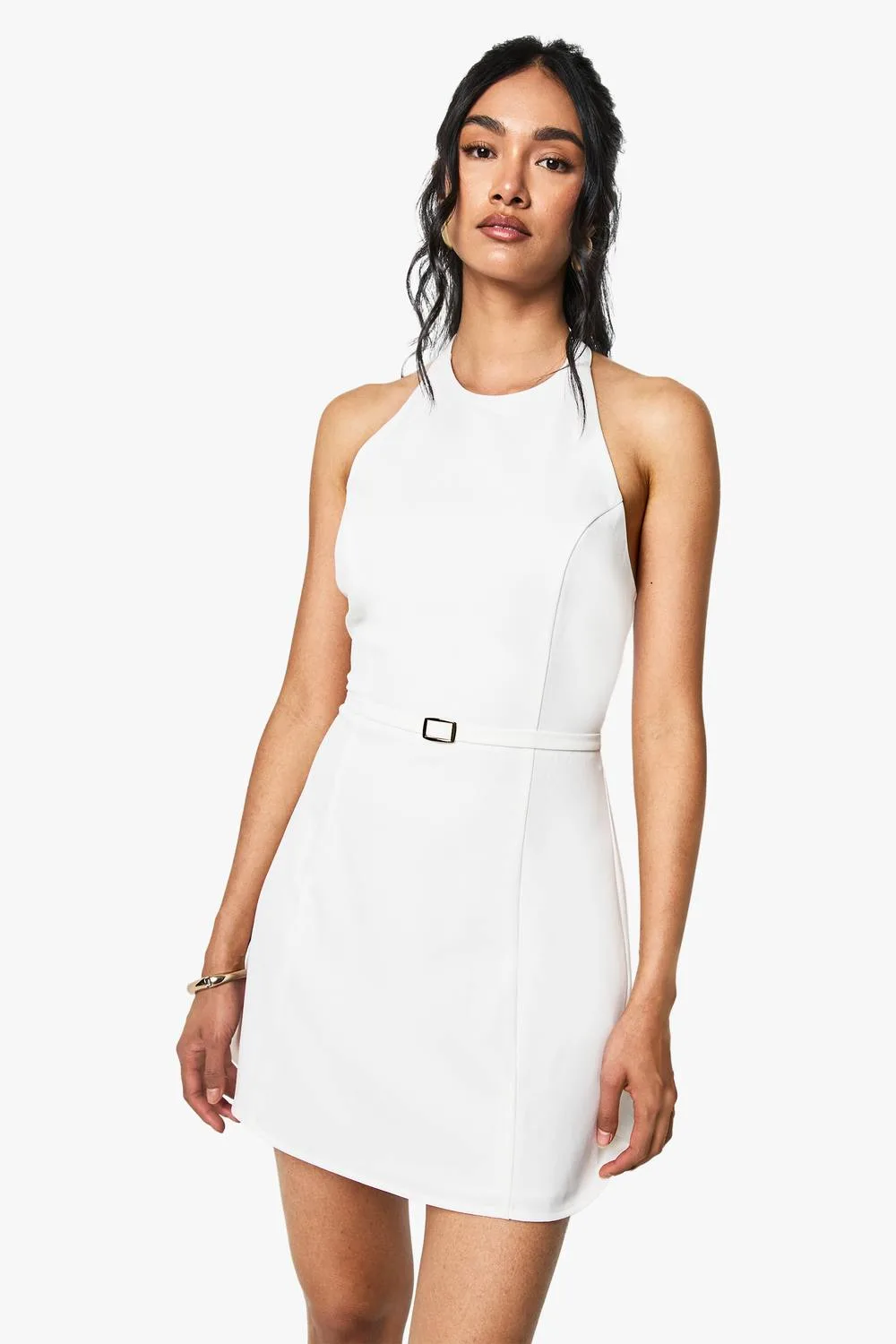 Tailored Buckle Detail Halterneck Mini Dress by boohoo