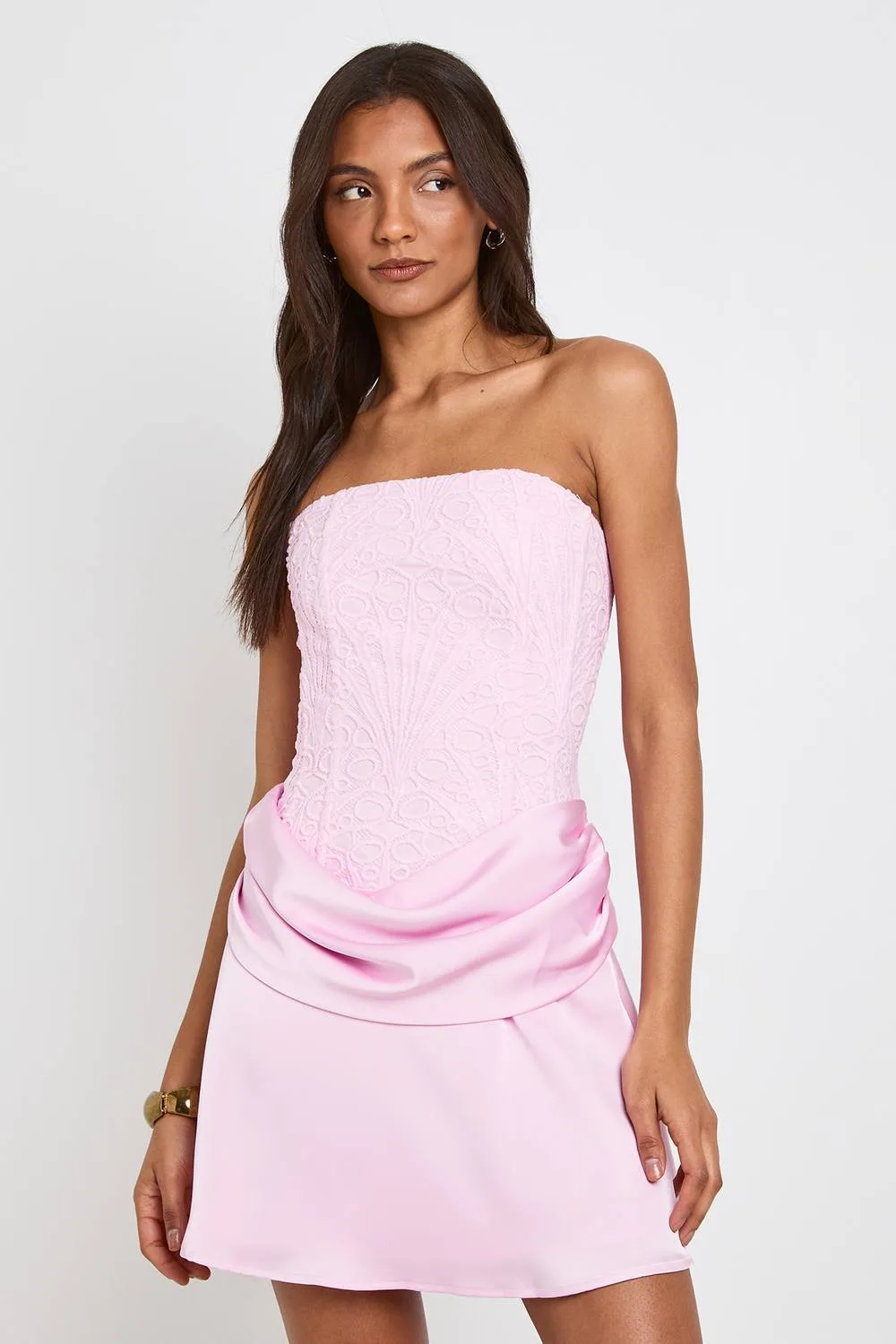 Textured Sheer Floral Lace Corset Drape Mini Dress by boohoo