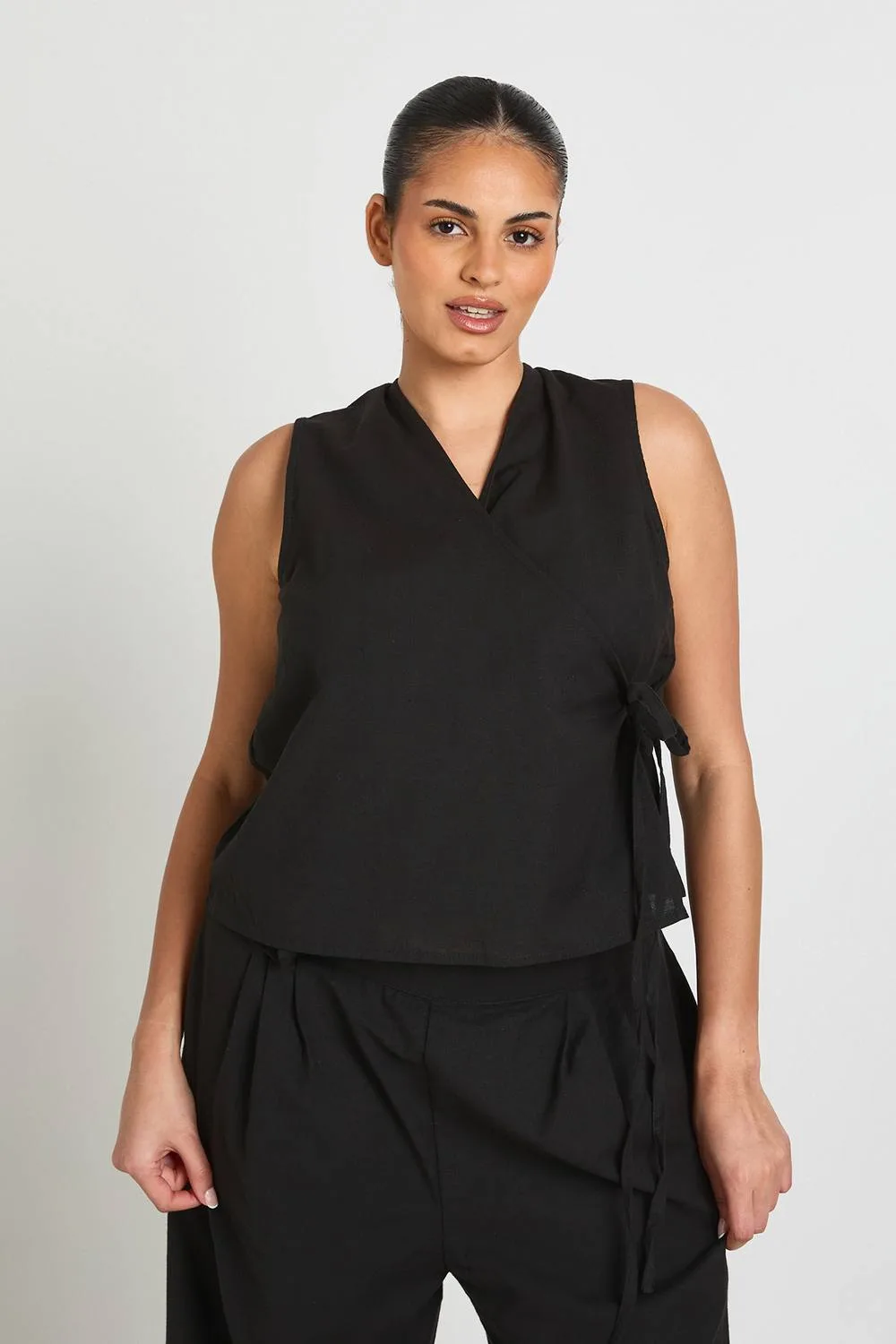 Linen Boxy Wrap Over Waistcoat & Wide Leg Trouser