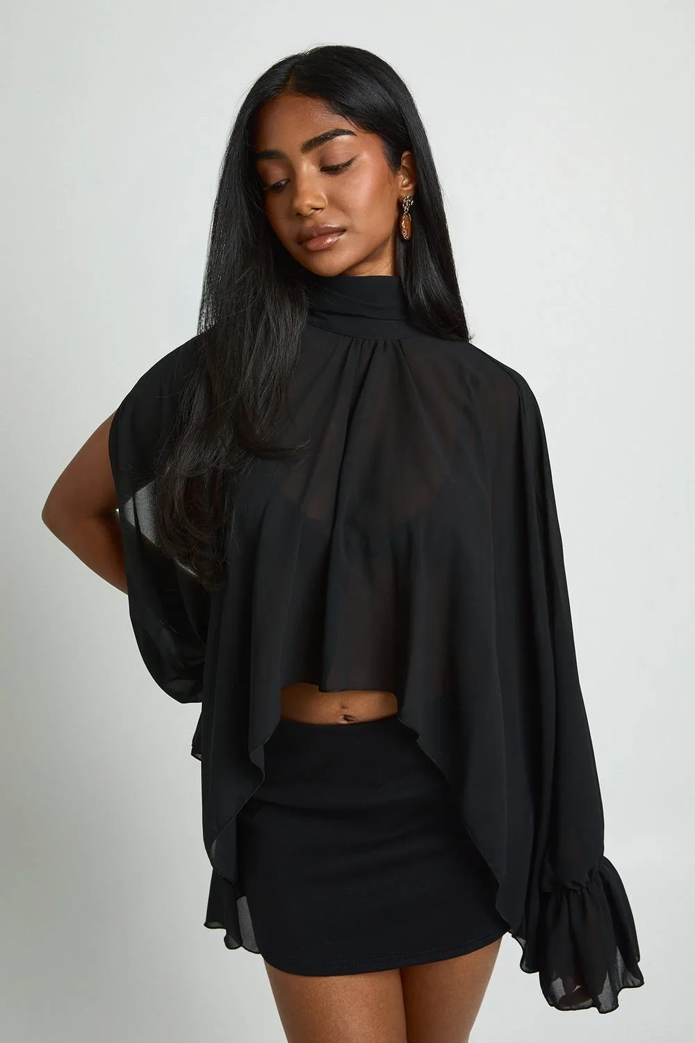 High Neck Chiffon Split Sleeve Blouse by boohoo