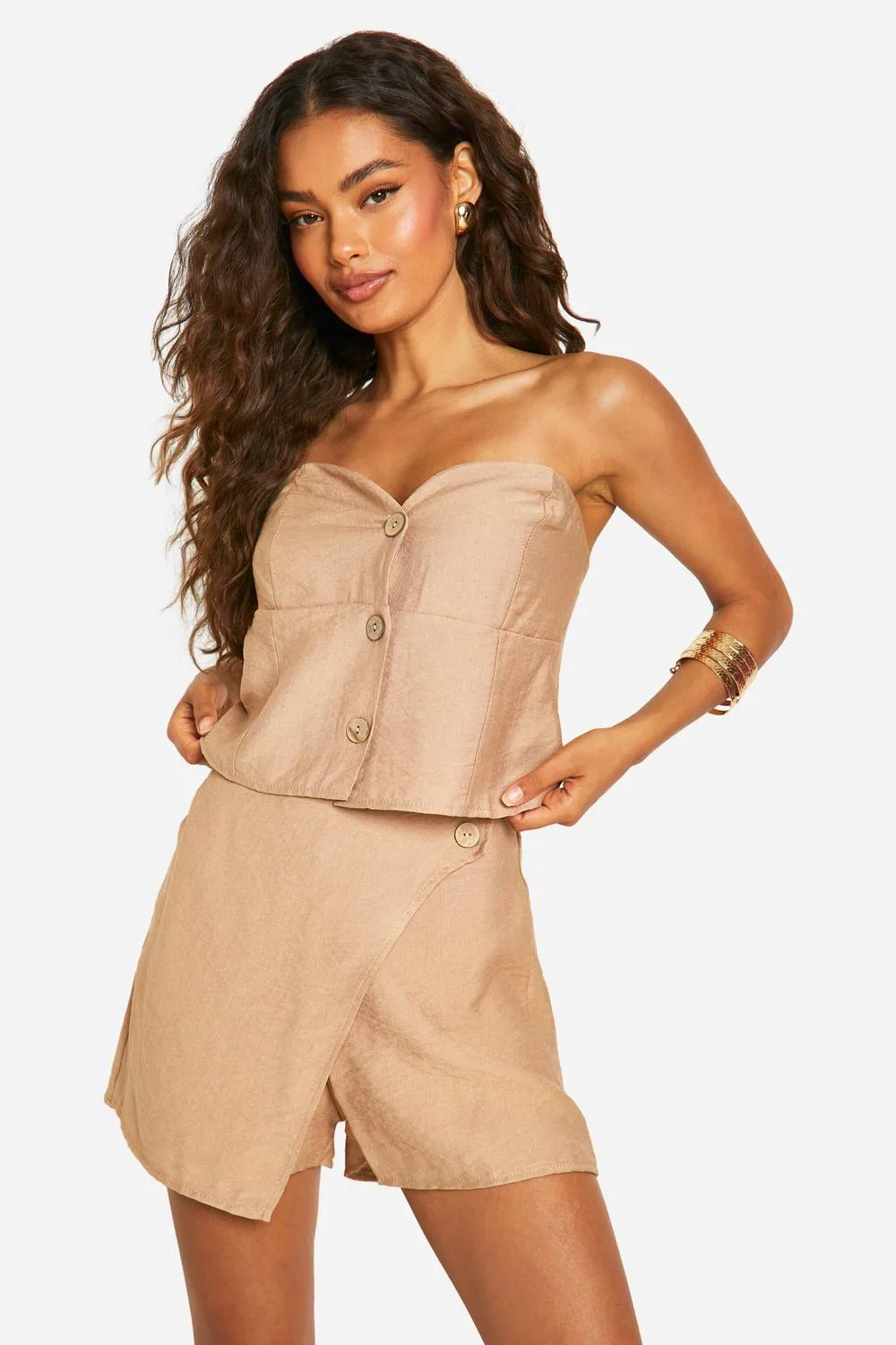 Linen Look Button Front Bandeau Top by boohoo