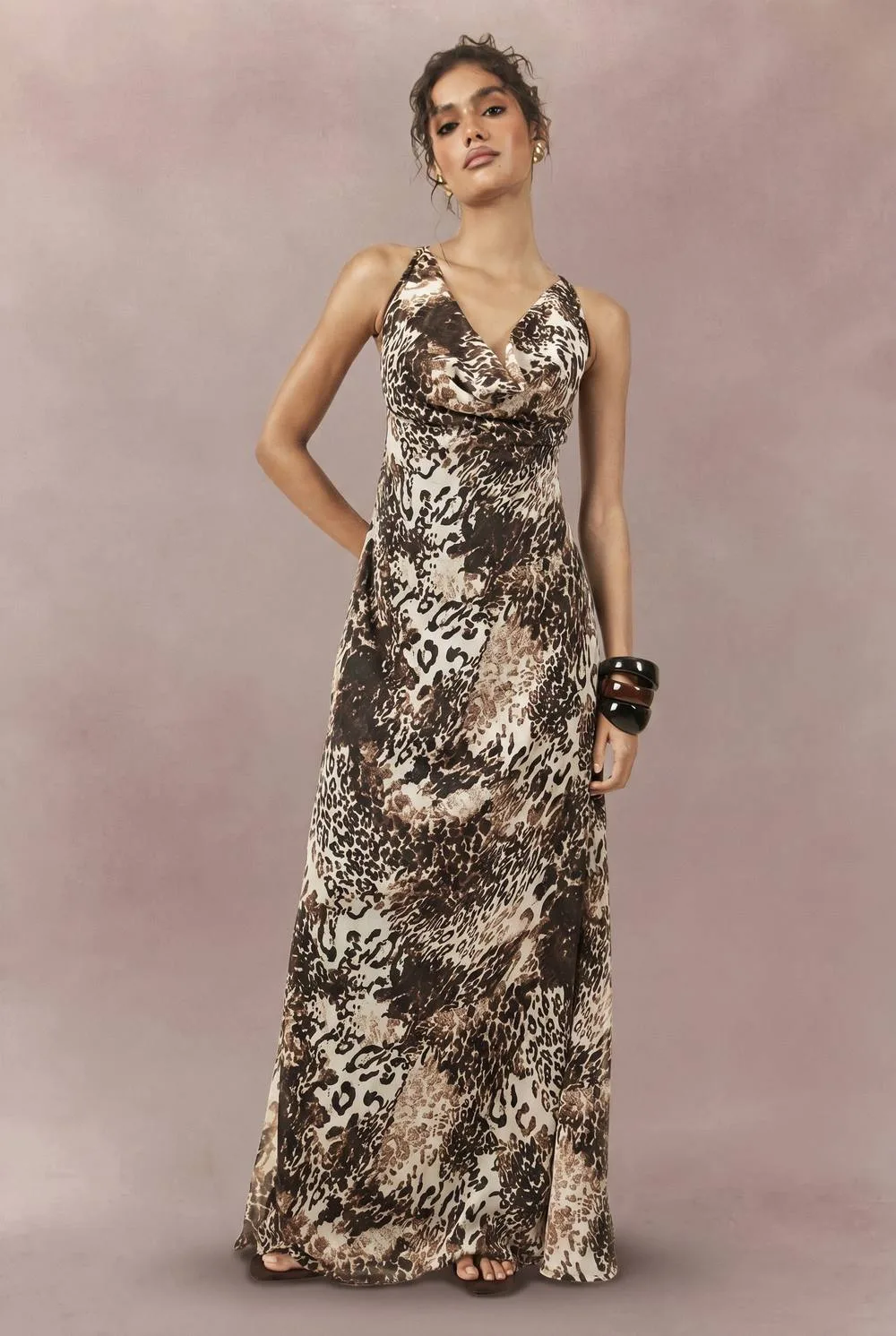 Tonal Animal Print Chiffon Cowl Front & Back Maxi Slip Dress