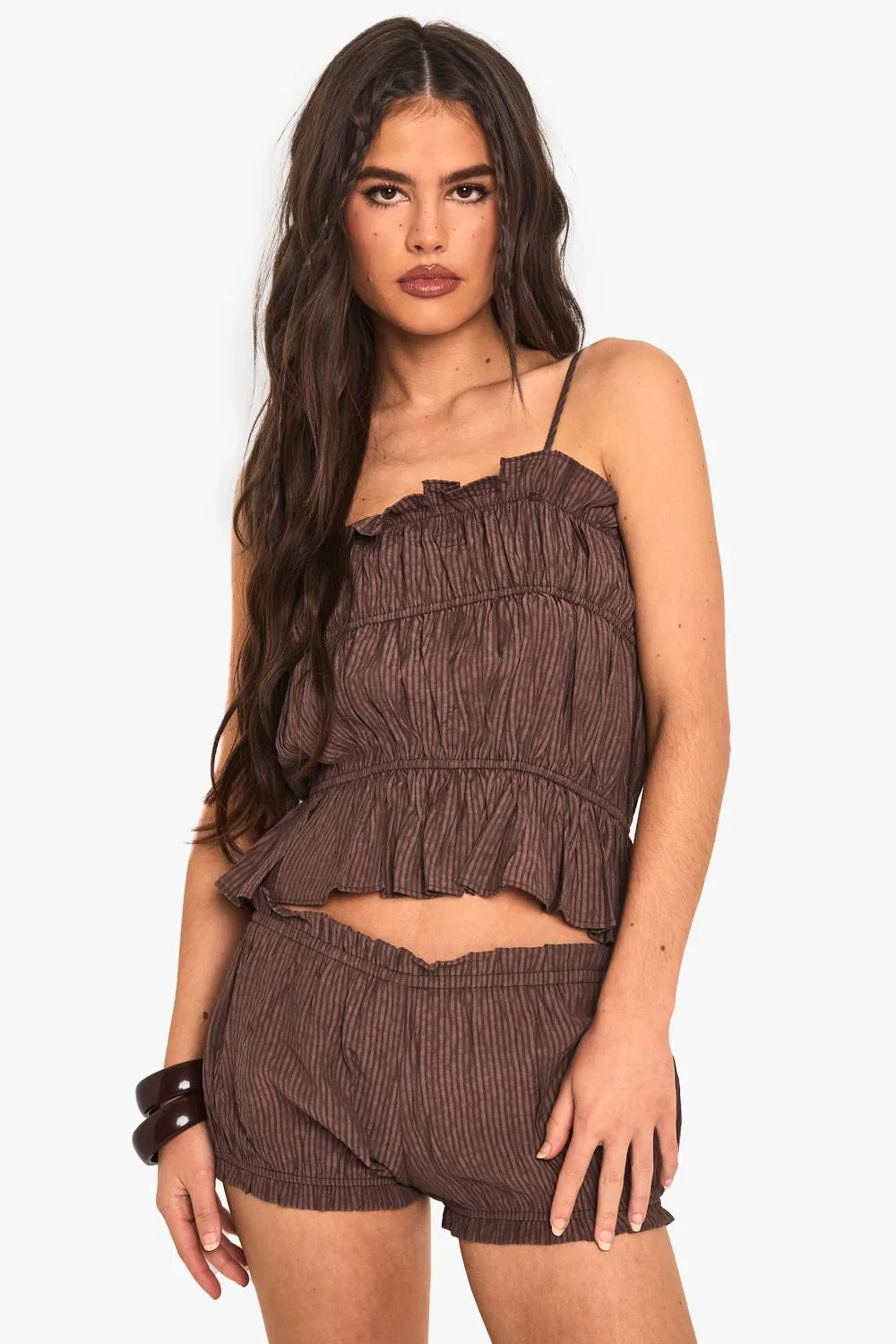 Textured Stripe Ruffle Cami by boohoo