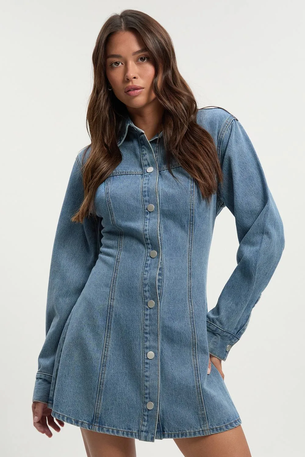 Long Sleeve Cinched Waist Denim Dress
