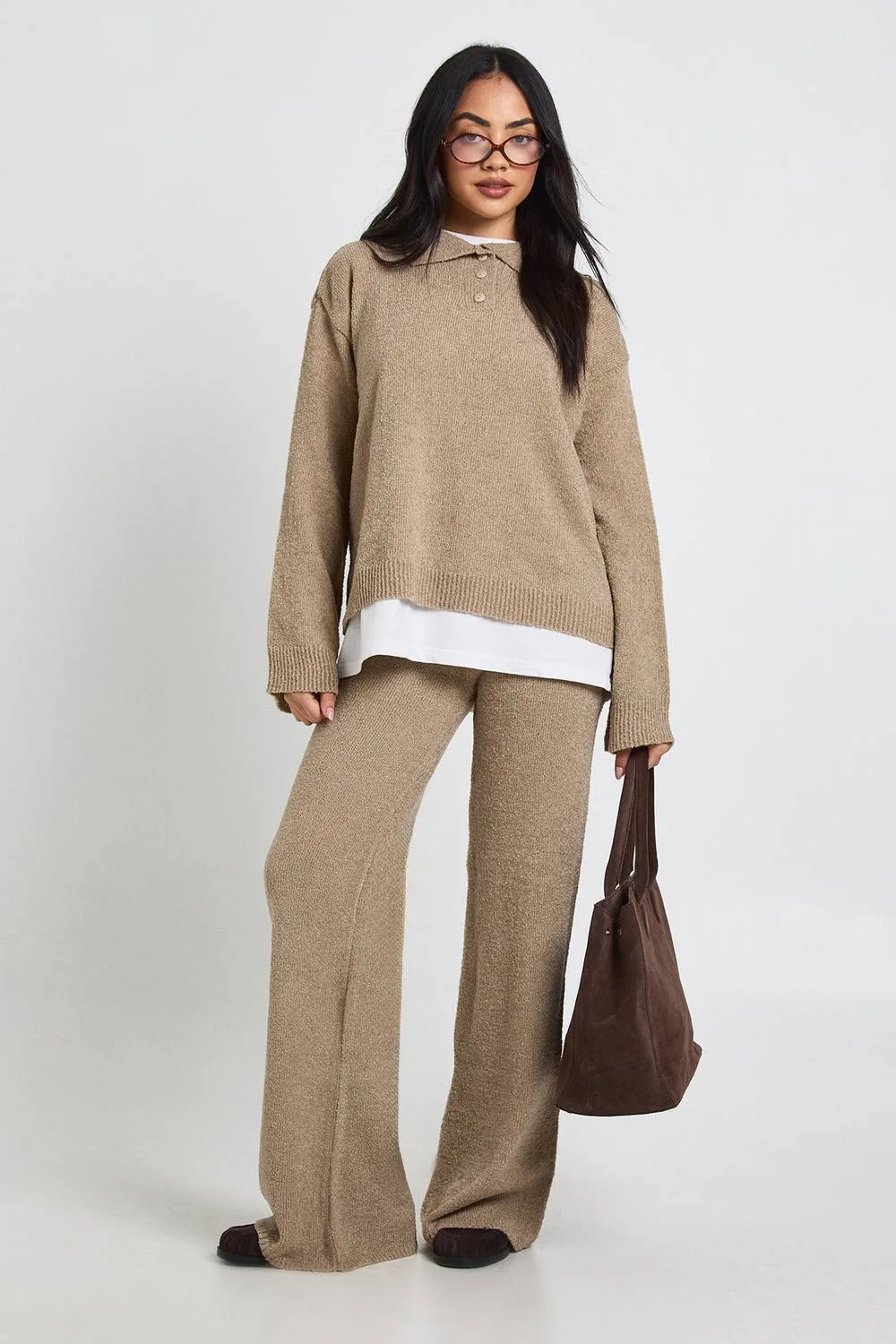 Collared Button Down Oversized Knitted Jumper & Straight Leg Trouser Co-Ord