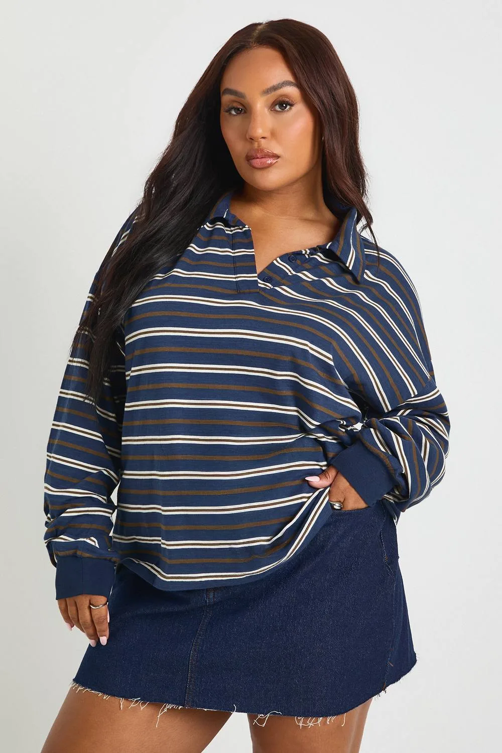 Striped Heavy Cotton Button Detail Collared Rugby Top by boohoo